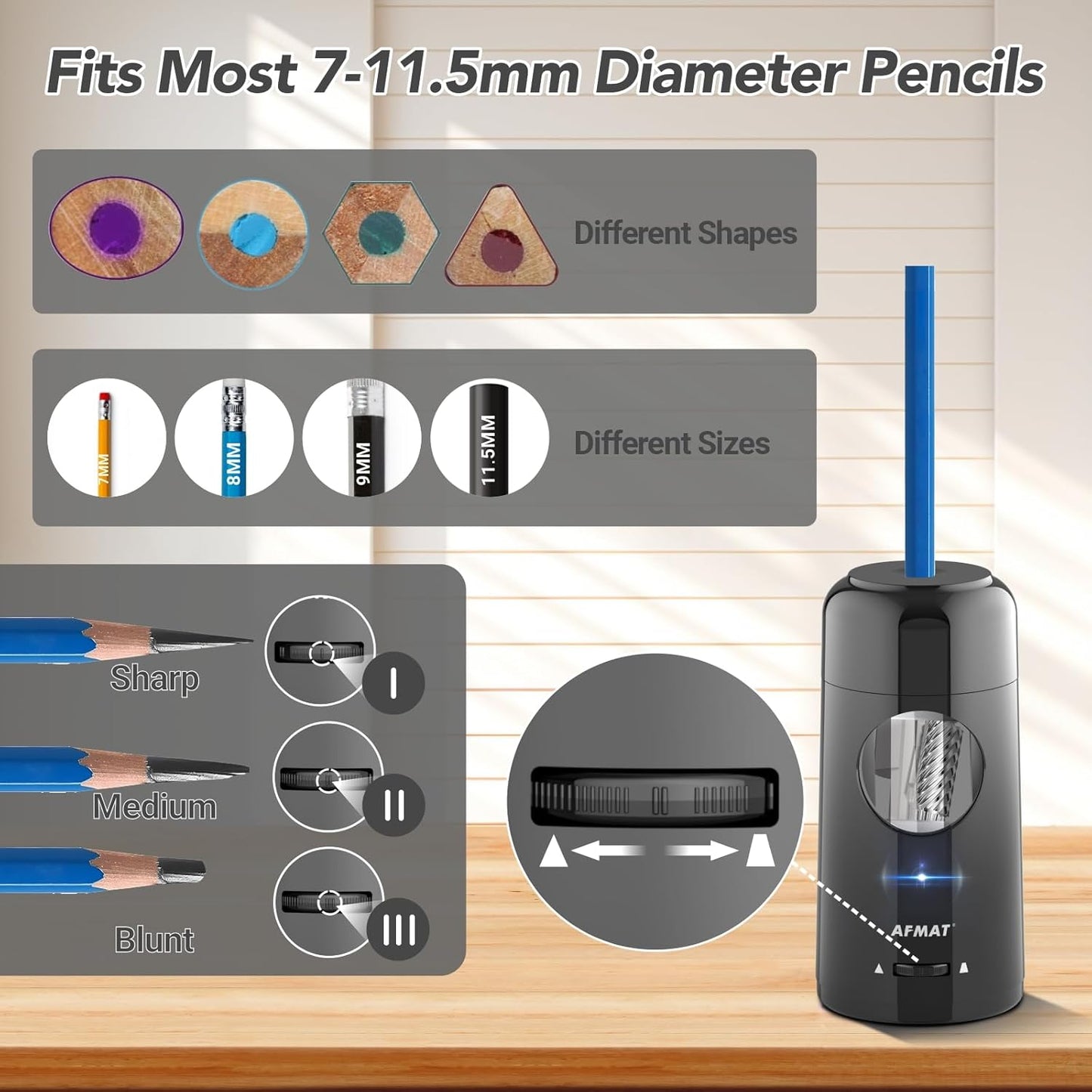 AFMAT Electric Pencil Sharpener, Rechargeable Fully Automatic Pencil Sharpener for Jumbo & Colored Pencils (7-11.5mm), Auto in/Out, Hands-Free, Portable for Home/Classroom/Office PSX6 (Black)