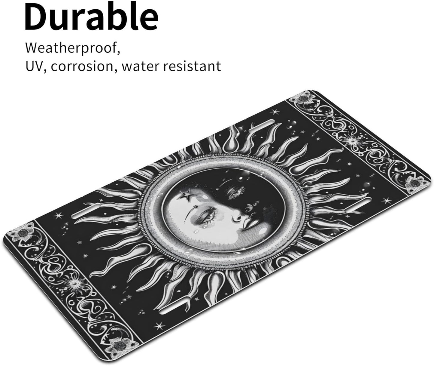 Front License Plate for Car Designs Ethnic Yinyang Sun Moon Stainless License Plate Cover Holder for Men Women Metal Aluminum Decorative Accessory Vanity Tag Standard 6 X 12 Inch (4 Holes)