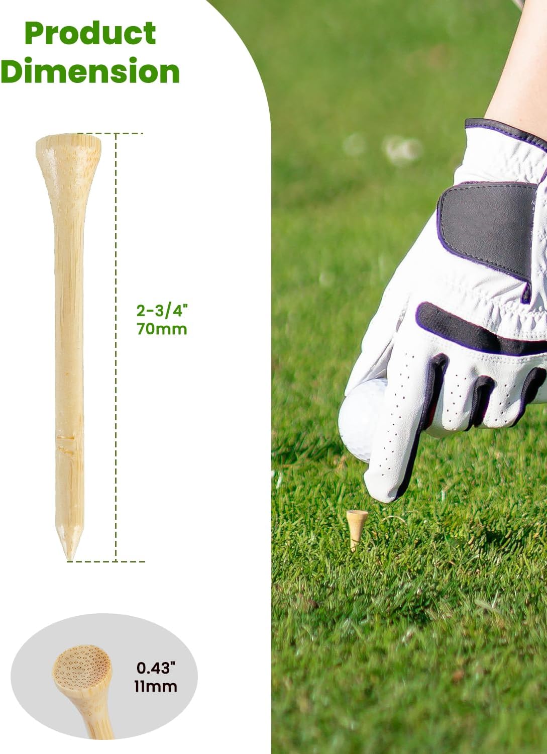 Bamboo Golf Tees 1000 PCS, 2-3/4 inch(70mm) & 3-1/4 inch (83mm) Length, Stronger Than Wood Tees