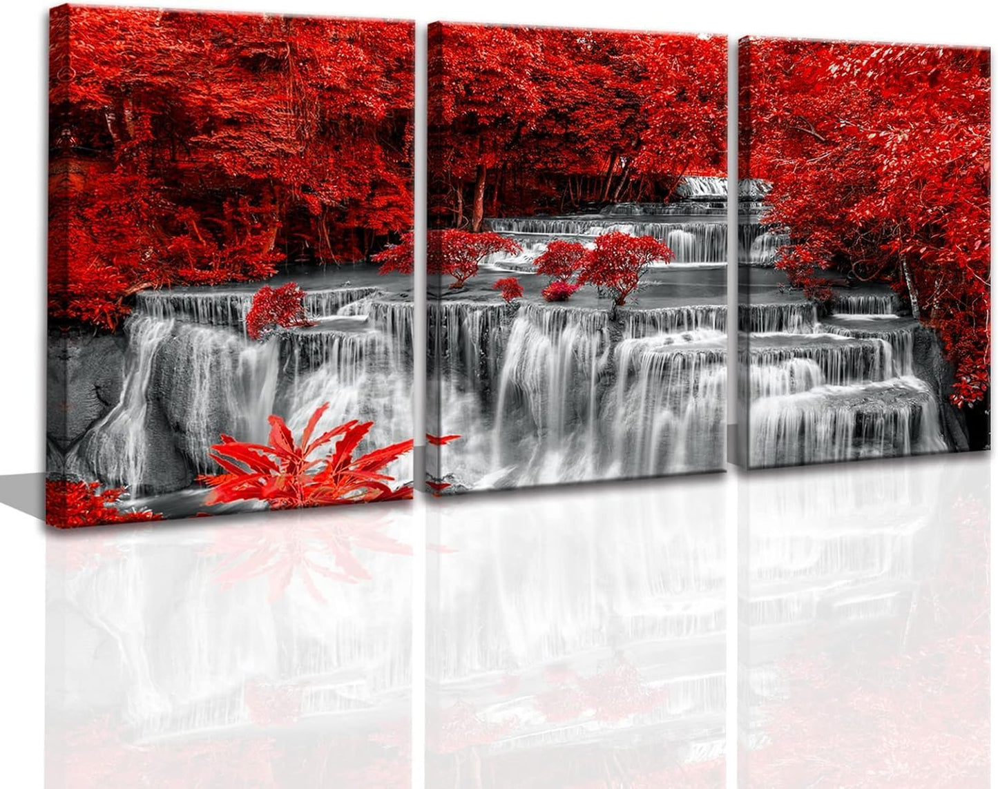 Yxbhhym Black White and Red Waterfall Canvas Wall Art Trees Forest Painting Landscape Artwork for Wall Picture Waterfall Prints for Bedroom Living Room Decor Bathroom Wall Art-Framed