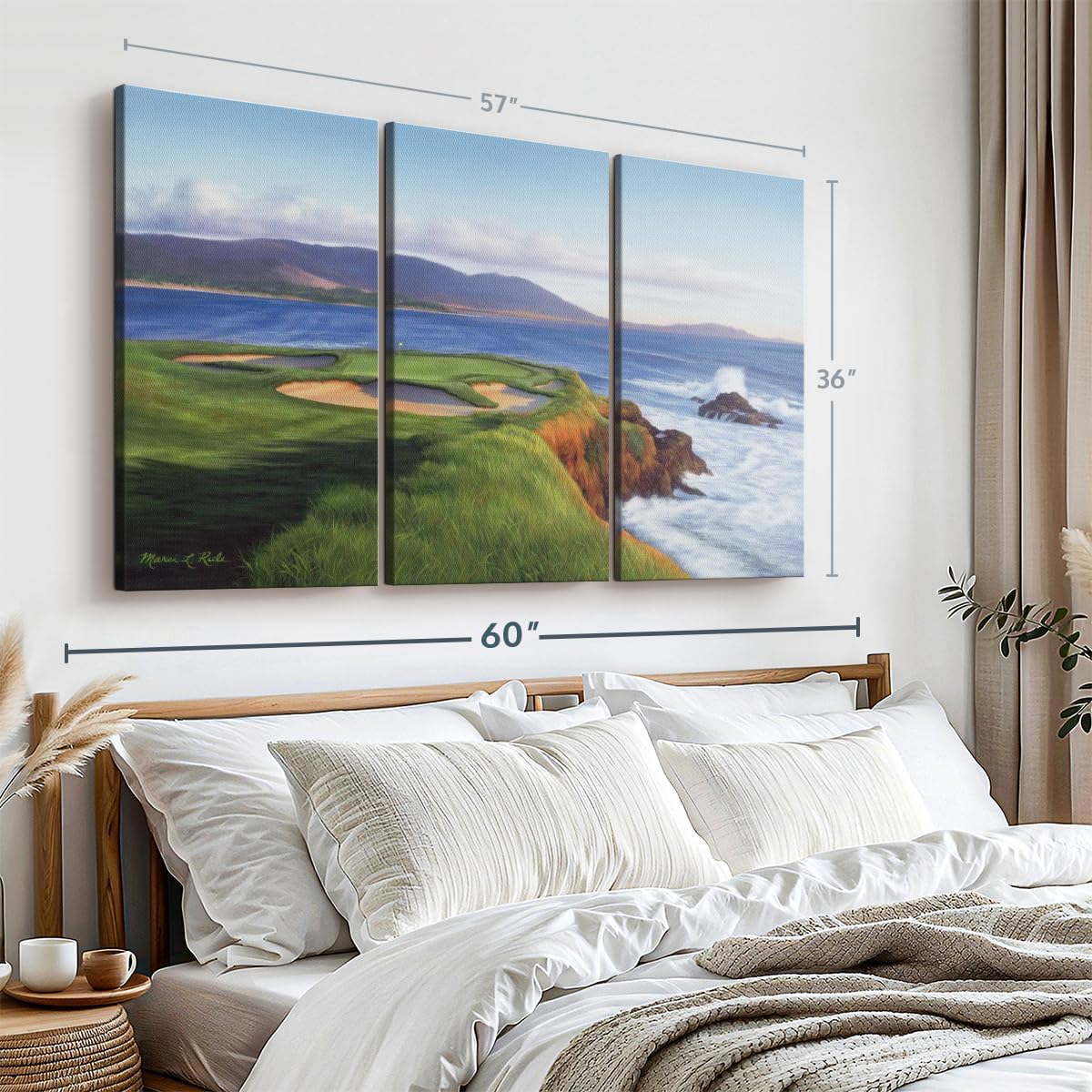 ElephantStock Pebble Beach 7th Hole Wall Art - Horizontal Canvas - 3-Piece Living Room Wall Decor - Painting Sports Canvas Print - Green and Blue Decor for Wall by Marci Rule - 57" X 36"