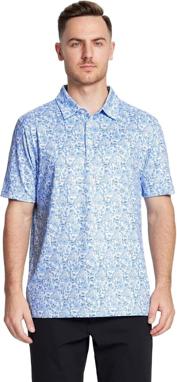 Golf Shirts for Men Dry Fit Short Sleeve Print Performance Moisture Wicking Polo Shirt