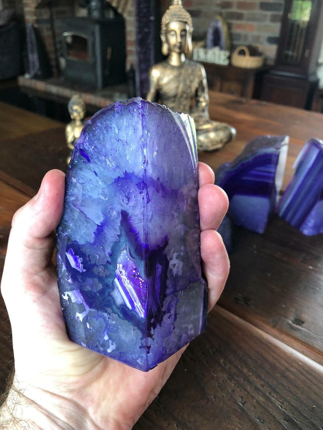 AMOYSTONE Purple Agate Bookends - Decorative Stone Book Holders for Hardback Book or Cookbooks, Stone Bookends 2-3 LBS with Rubber Bumpers, Unique Book Stoppers Home Office Decor