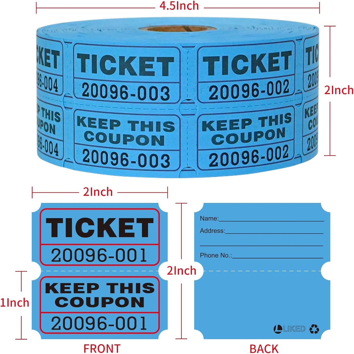 L LIKED Raffle Tickets Double Rolls 1000 Per Roll 50/50 Raffle Tickets for Events,Carnivals, Entry, Class Reward, Prizes(Blue)