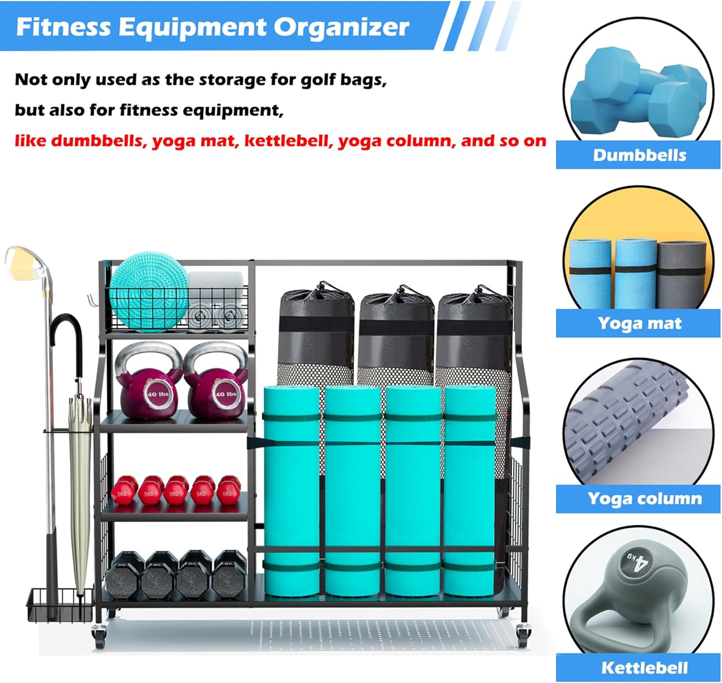 Golf Storage Rack Golf Bag Organizer for Garage, Golf Club Holder Extra Large Golf Bag Stand for 2 Golf Bags、Golf Equipment Accessories