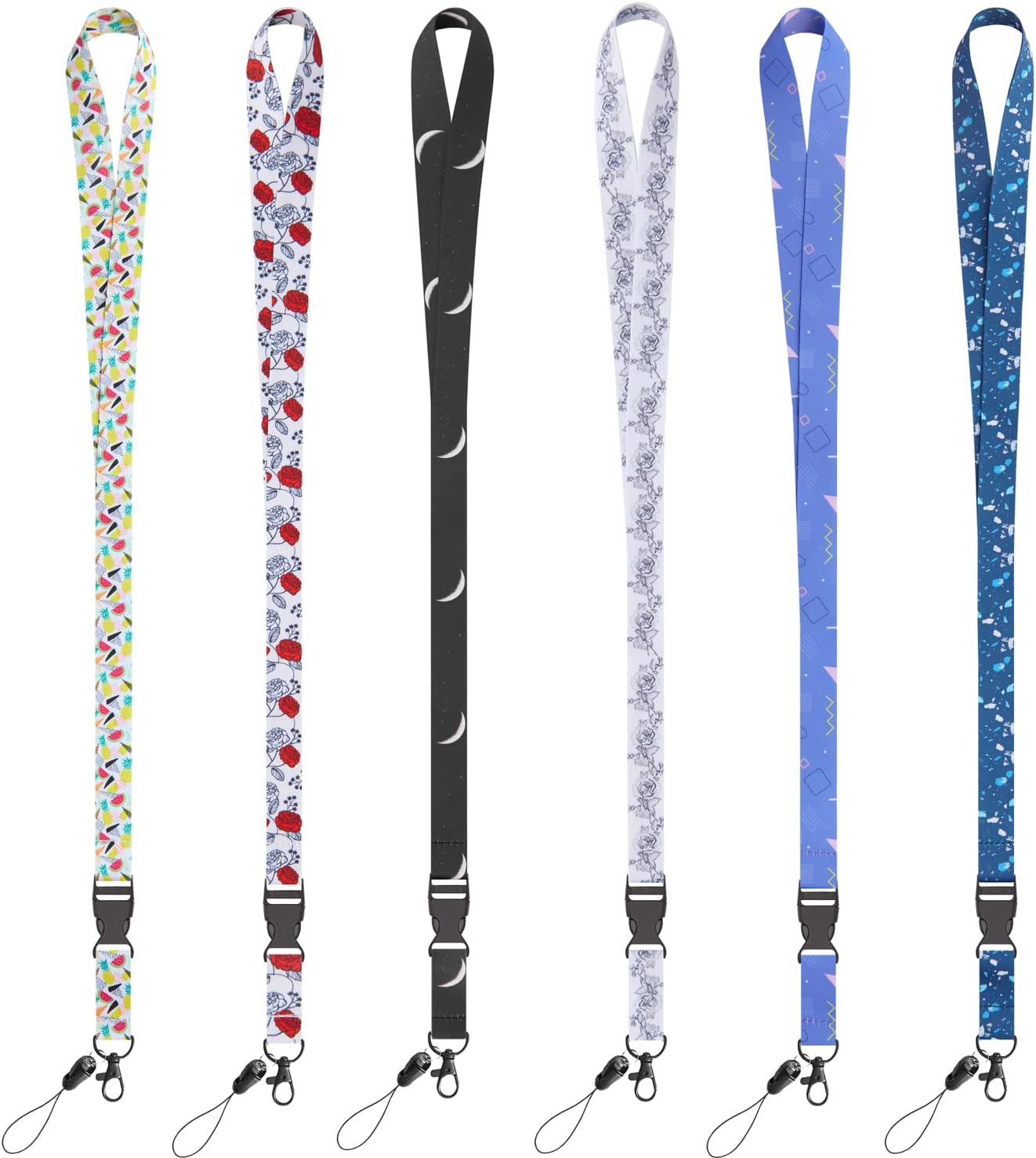 6 Pack Lanyards,White Black Roses,Black with Moon,Neck Office Cruise Lanyard For Keys Women Men ID Card Holder Waterproof