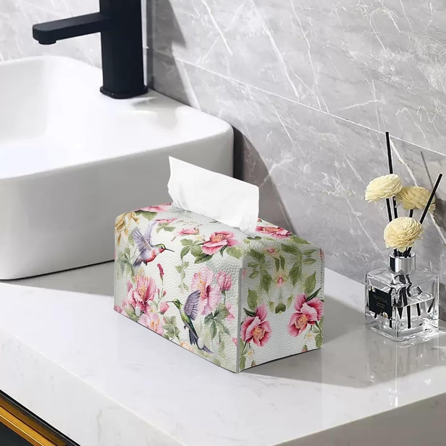 Leather Tissue Box Cover Floral Hummingbird PU Leather Tissue Cover Decorative Organizer Portable for Travel Tissue Box with Bottom Belt for Tabletop，Countertop，Night Stands