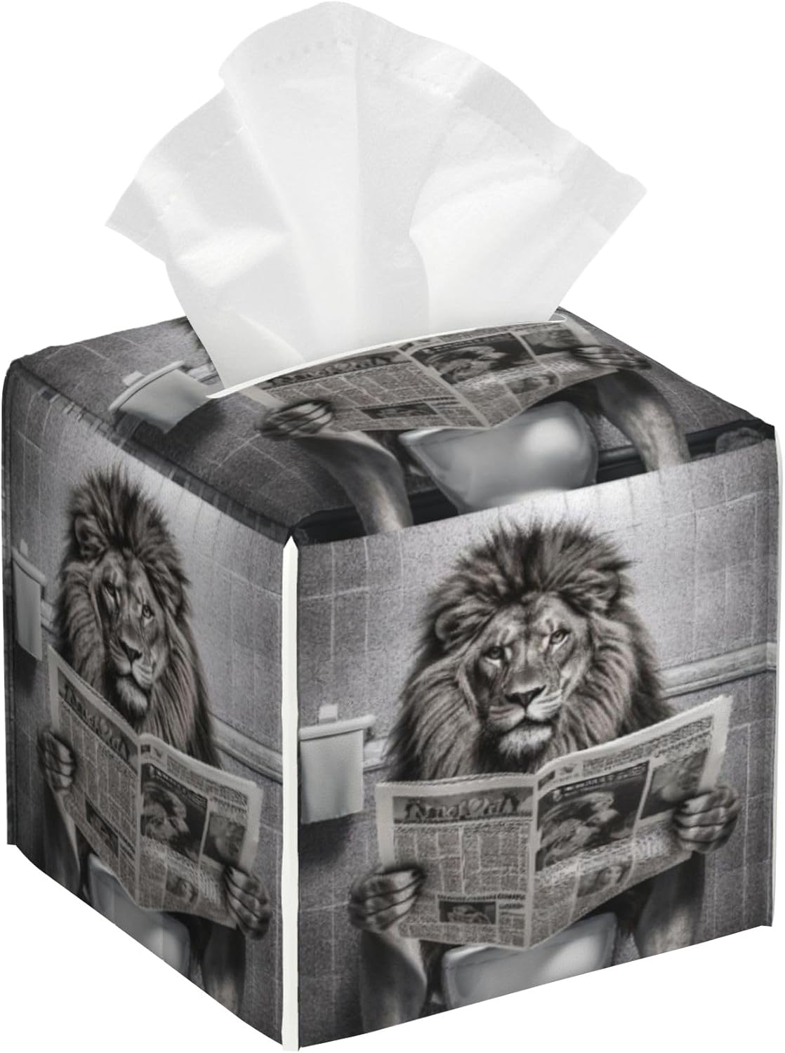 Lion Sit on Toilet Tissue Box Cover,Tissue Box Holder Square with Bottom Belt,Waterproof Leather Organizer Portable Decorative Facial Paper for Bedroom Dresser Night Stand Office,5.2" x 5.2" x 5.2"