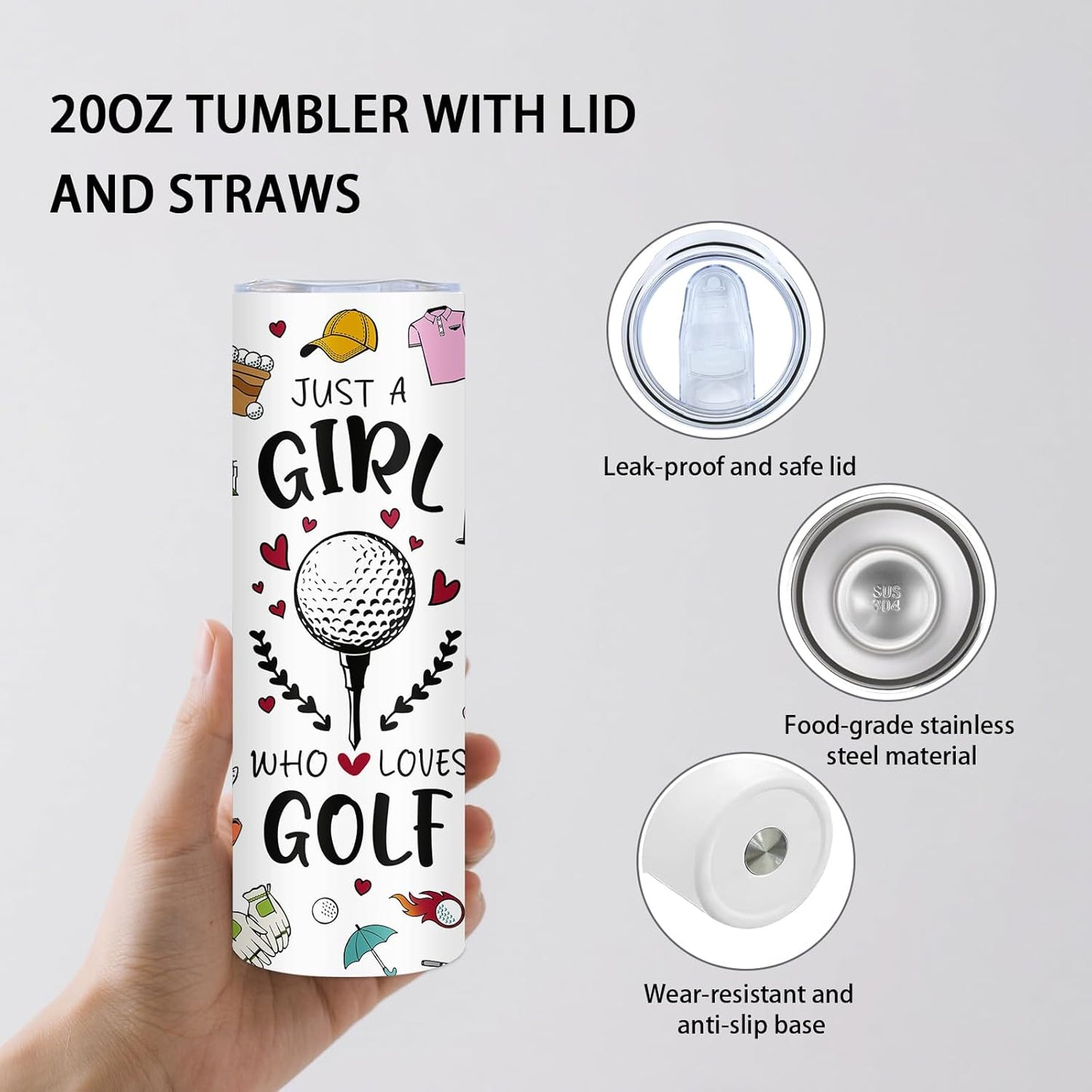 Golf Gift For Women, Golfer Themed 20 oz Tumblers - Just A Girl Who Loves Golf Design Cups, Tumbler With Lid and Straw, Stainless Steel Mugs Funny Gifts For Golfers