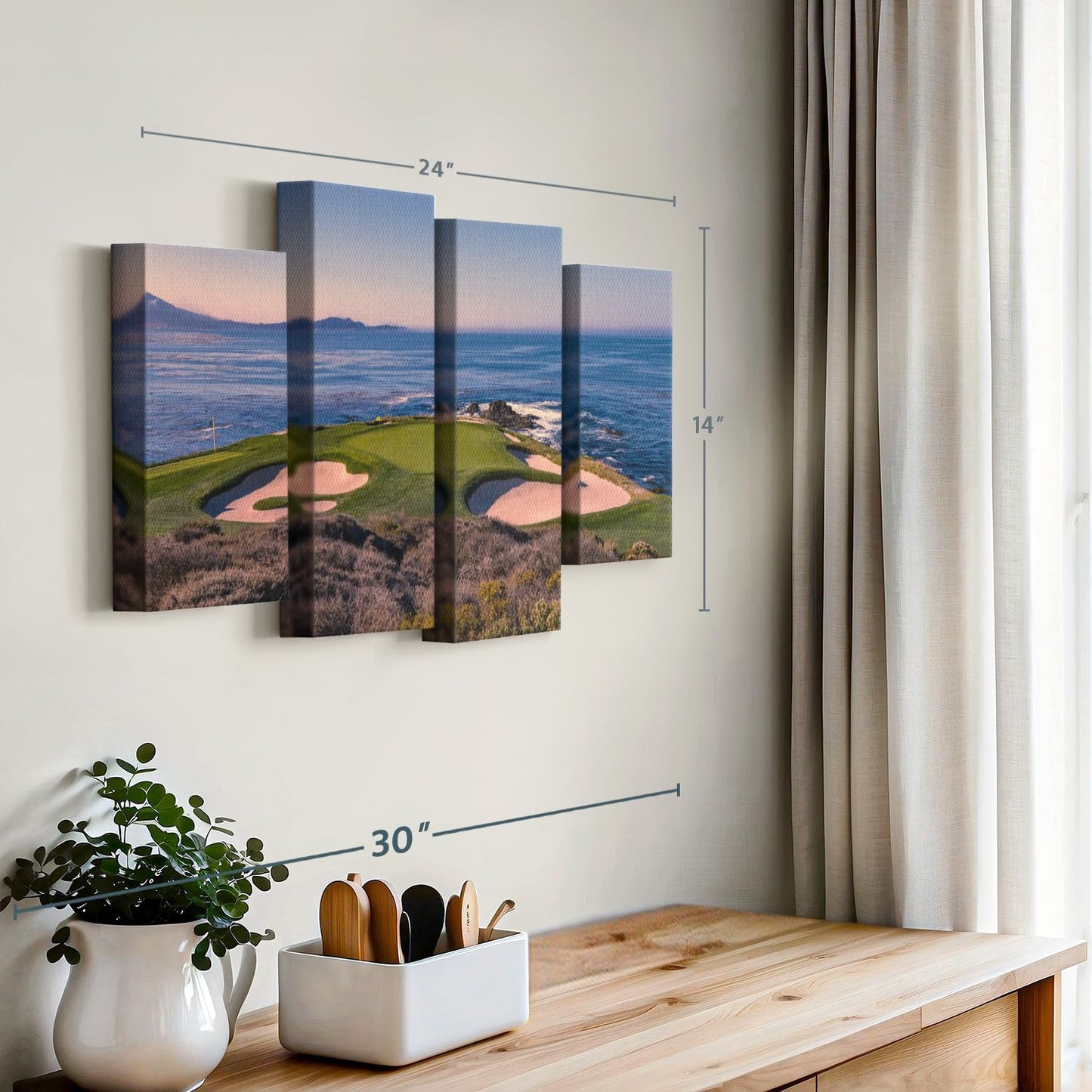 ElephantStock Pebble Beach Golf Club Wall Art - Horizontal Canvas - 4-Piece Living Room Wall Decor - Luxury Photography Canvas Print - Beige and Blue Decor for Wall - 24" X 14"
