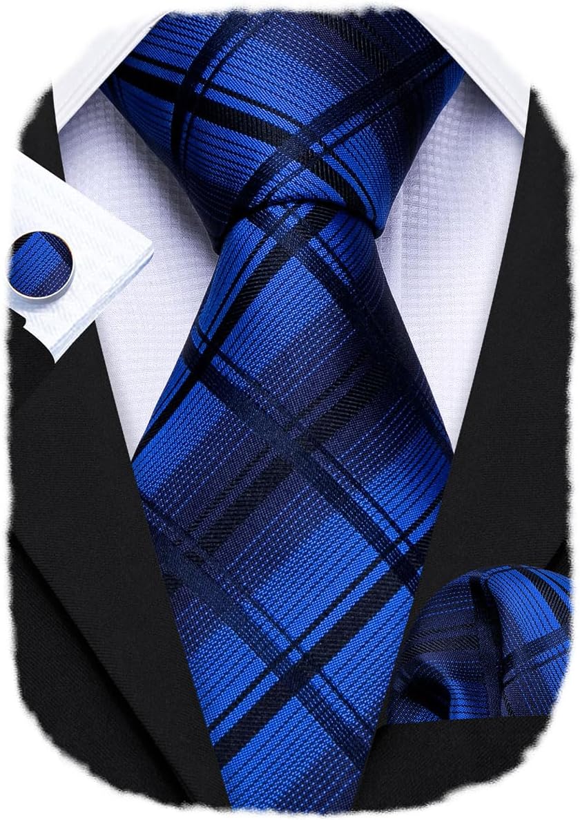 Barry.Wang Designer Classic Ties for Men Set Formal Pocket Square Cufflink Check Plaid