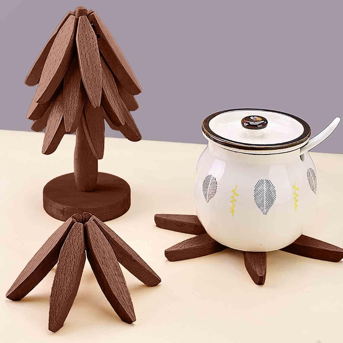 Wooden Cup Coaster Set，Tree Shape Trivet Set,Tree Coasters- 4 Wooden Trivets + 1 Stand stored for hot Dish/Pot/Bowl/teapot/hot Pot Set (Brown)