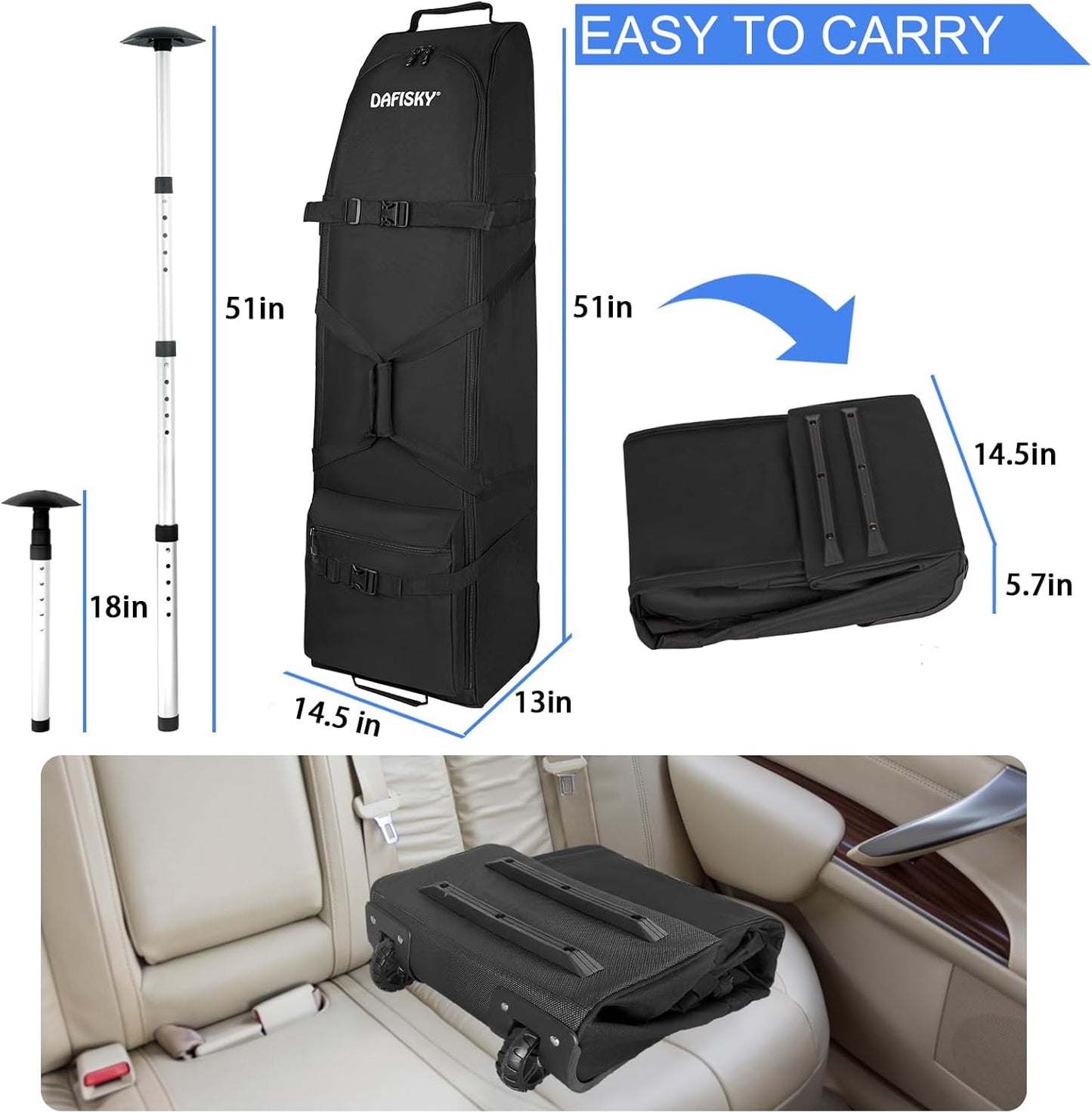 Golf Travel Bag for Airlines with Wheels - Adjustable Support Rod for Protect Golf Clubs