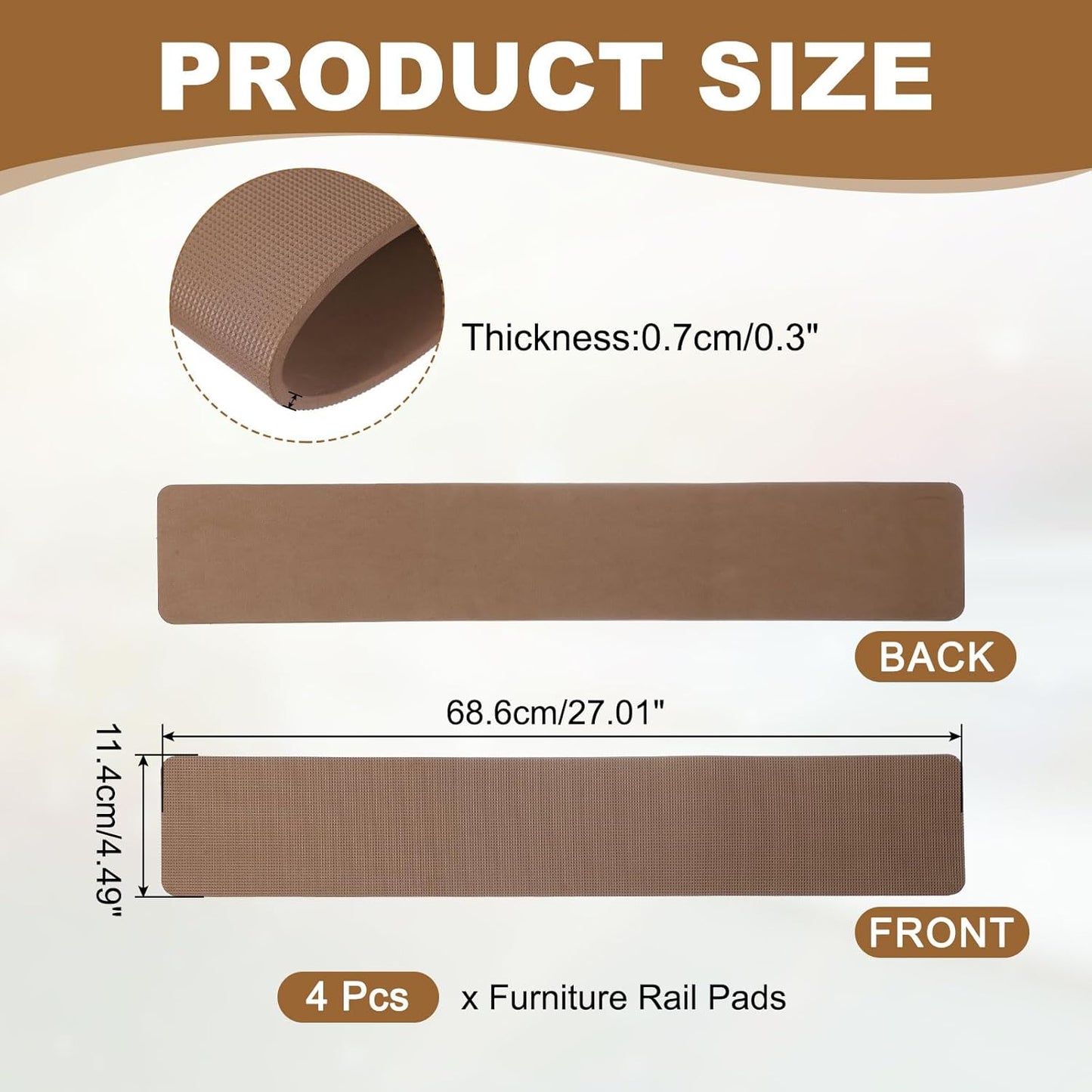 PATIKIL Rectangle Corner Anti-Slip Furniture Rail Pads 27x4x3, 4 Pcs Non-Skid Rubber Furniture Pads for Hardwood Floors Protector Grippers Pads Recliners Sofa Couches, Brown