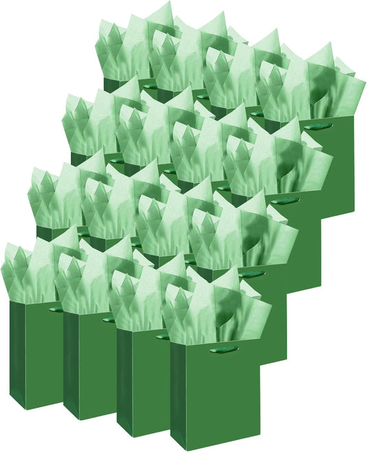 Gcardist Dark Green Gift Bags with Tissue Paper for Wedding, Birthday, Party Supplies-7.9"x4.3"x9.6" Medium Size Cardboard Gift Bags（16pcs Bags +32pcs Tissue Paper ）