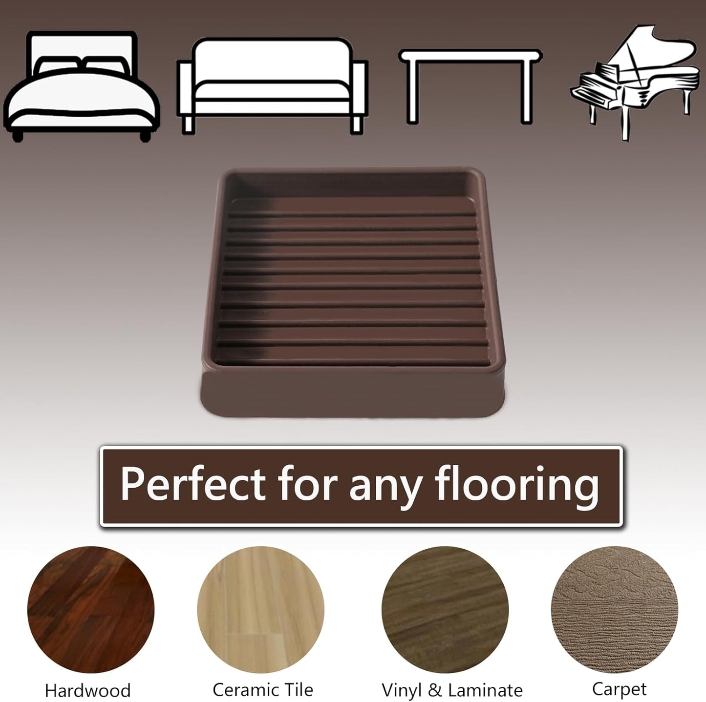 2.5x2.5 Square Rubber Furniture Caster Cups, Anti-Sliding Furniture Pads Bed Stopper Floor Protectors with Grip - Protect Any Flooring