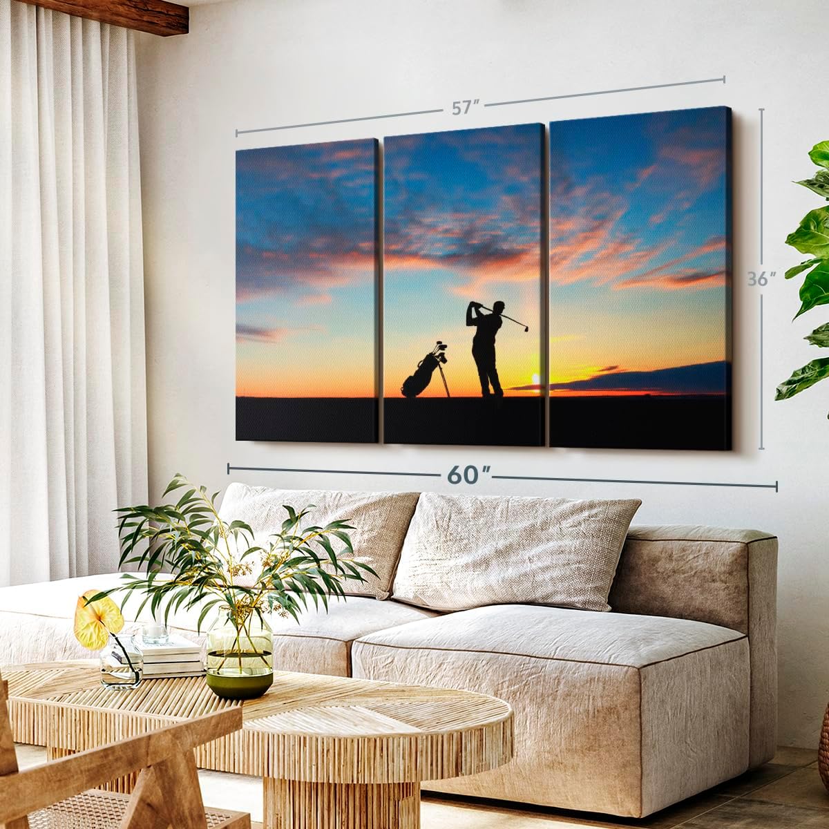 ElephantStock Golfing At Sunset Wall Art - Horizontal Canvas - 3-Piece Living Room Wall Decor - Golf Photography Canvas Print - Black and Orange Decor for Wall - 57" X 36"