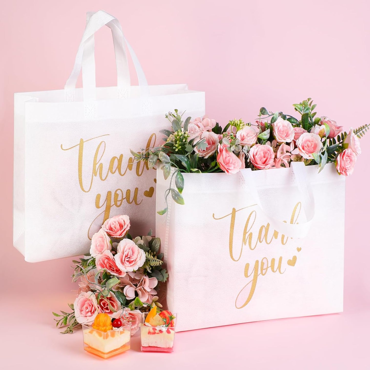 Sweetude 30 Pcs Thank You Gift Bags with Handles Bulk Reusable Goodie Bag Non Woven Foldable Handbag for Graduation Wedding Bridesmaid Gifts(11 x 12 x 5 Inch,White)