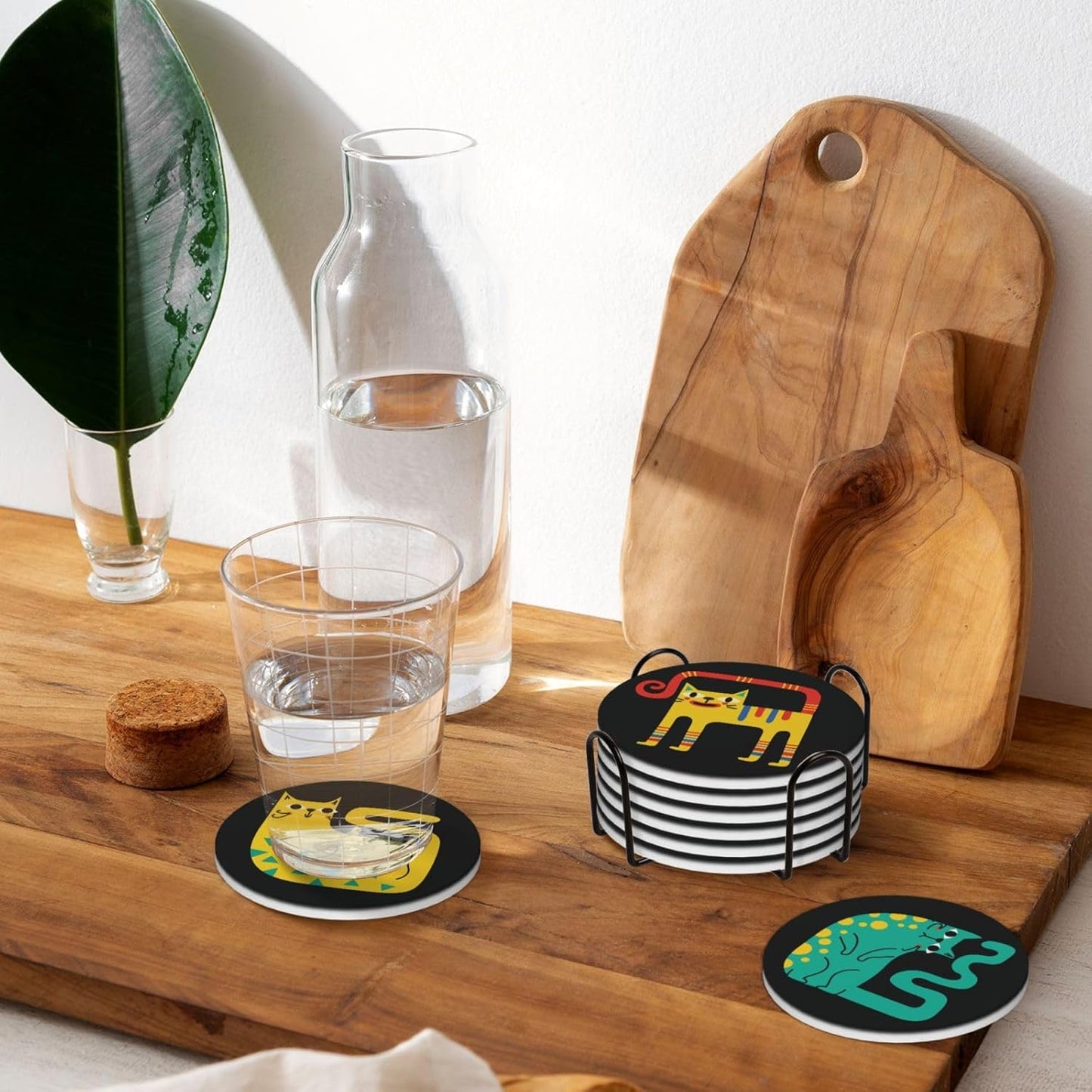 Cute Colorful Cat Absorbent Drink Coasters with Holder, Set of 6 Ceramic Coasters with Cork Base for Table Decor