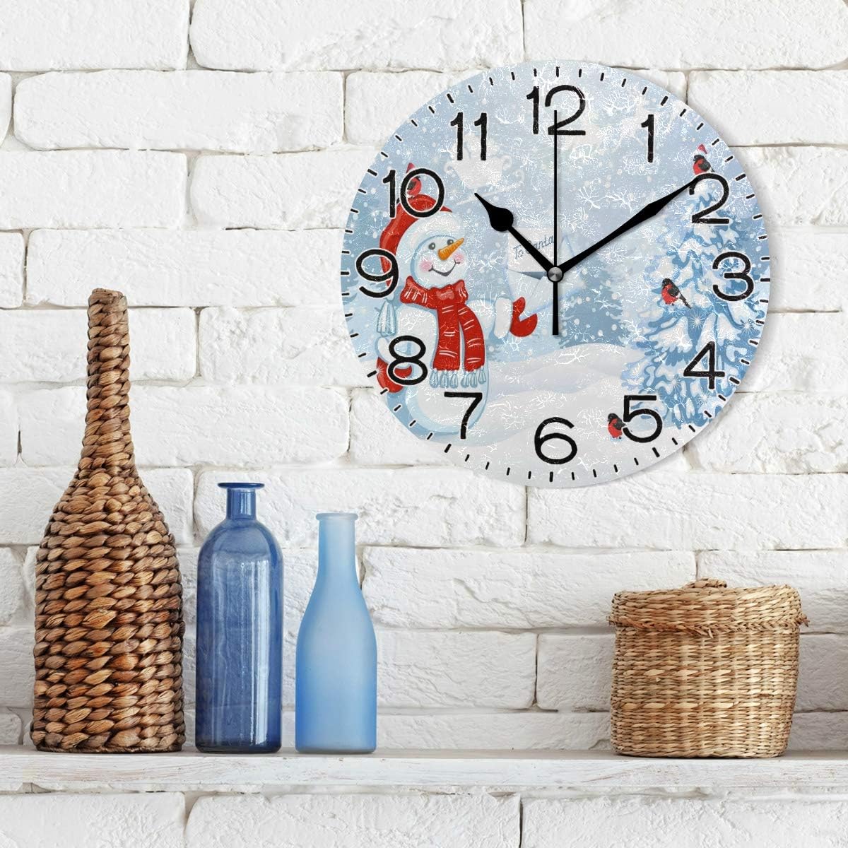 Christmas Snowman in Santa Cap with Letter Wall Clock Battery Operated Non Ticking Silent Quartz Analog Rustic Farmhouse Christmas Round Clock Retro Decor for Home Kitchen Living Ro