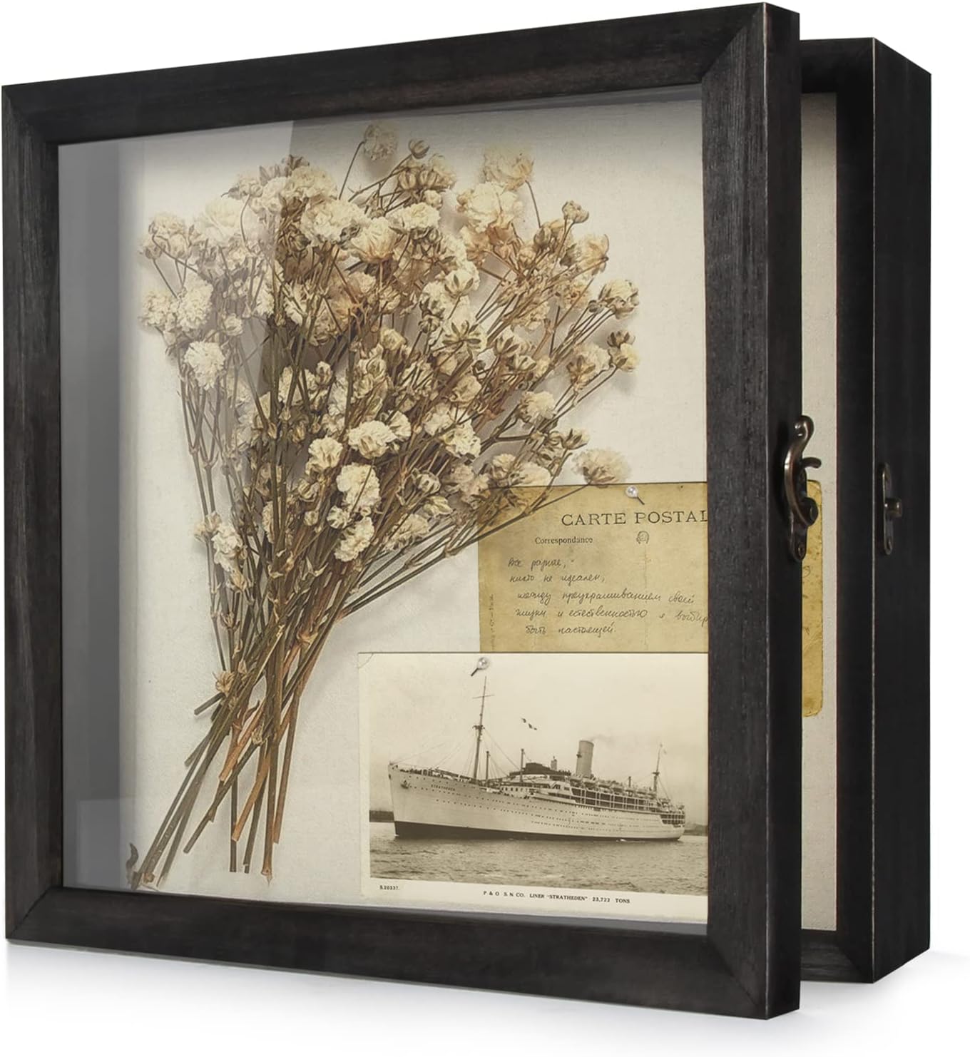 TJ.MOREE Flowers Shadow Box Display Case Large Shadow Box Frame with Glass Window Door Picture Frame Wedding Bouquet Memorabilia Medals Photos Memory Box for Keepsakes - (Rustic Black, 11 x 11 )