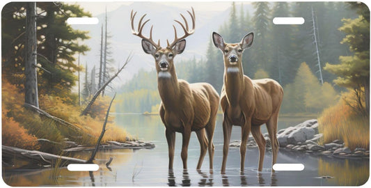 Front License Plate for Car Designs Forest Lake Animal Deer Stainless License Plate Cover Holder for Men Women Metal Aluminum Decorative Accessory Vanity Tag Standard 6 X 12 Inch (4 Holes)