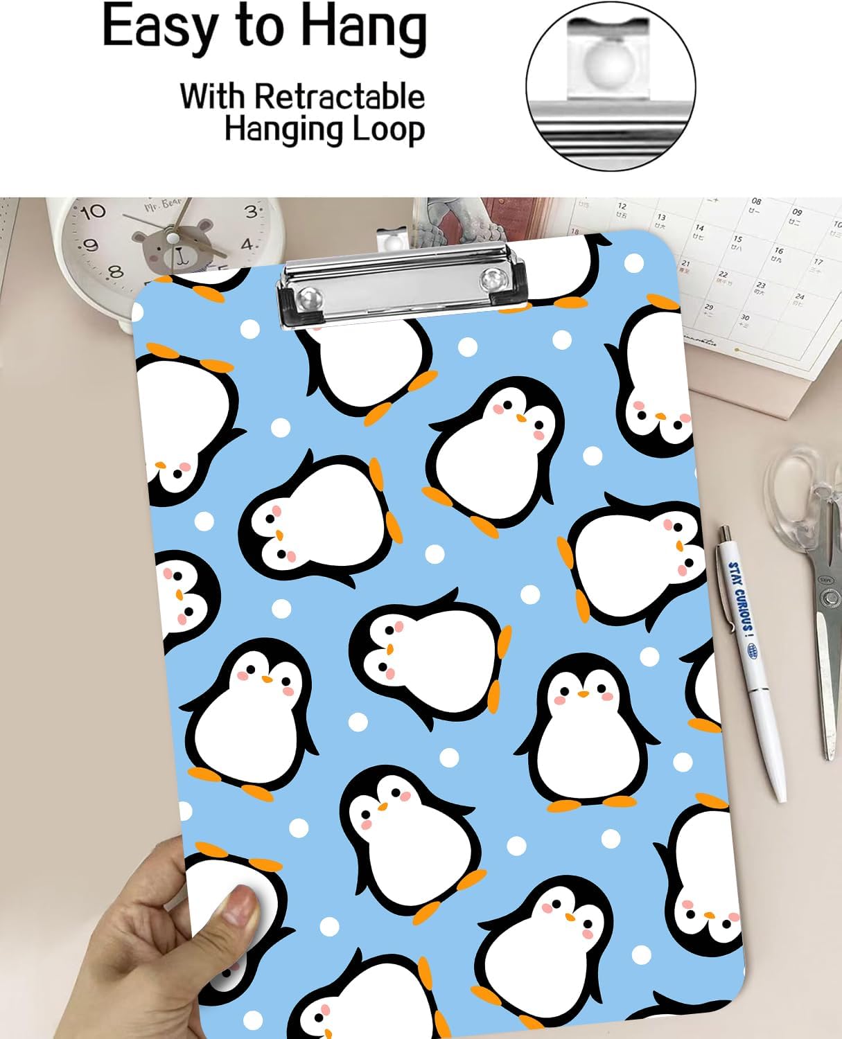 Fashion A4 Clipboard, Standard Letter Size 9" x 12.5", Decorative Wooden Clipboard with Low Profile Metal Clip for Office, School, Teachers, and Students, Cute Penguin