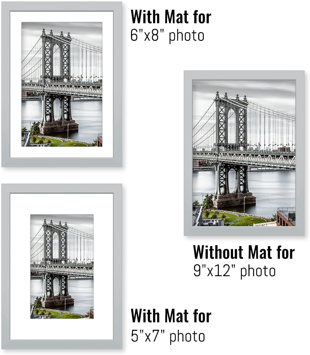 9x12 Picture Frames with Solid Wood Display - 6x8 or 5x7, or 9x12 Frame for Poster - 2 Mats for Wall or Table (Gray)