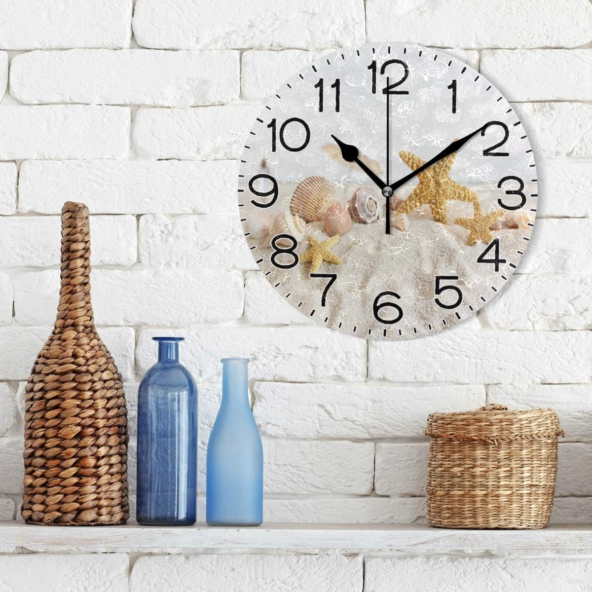 Starfish and Seashells in The Sand at Beach Wall Clock Battery Operated Non Ticking Silent Quartz Analog Rustic Farmhouse Round Clock Retro Decor for Home Kitchen Livin