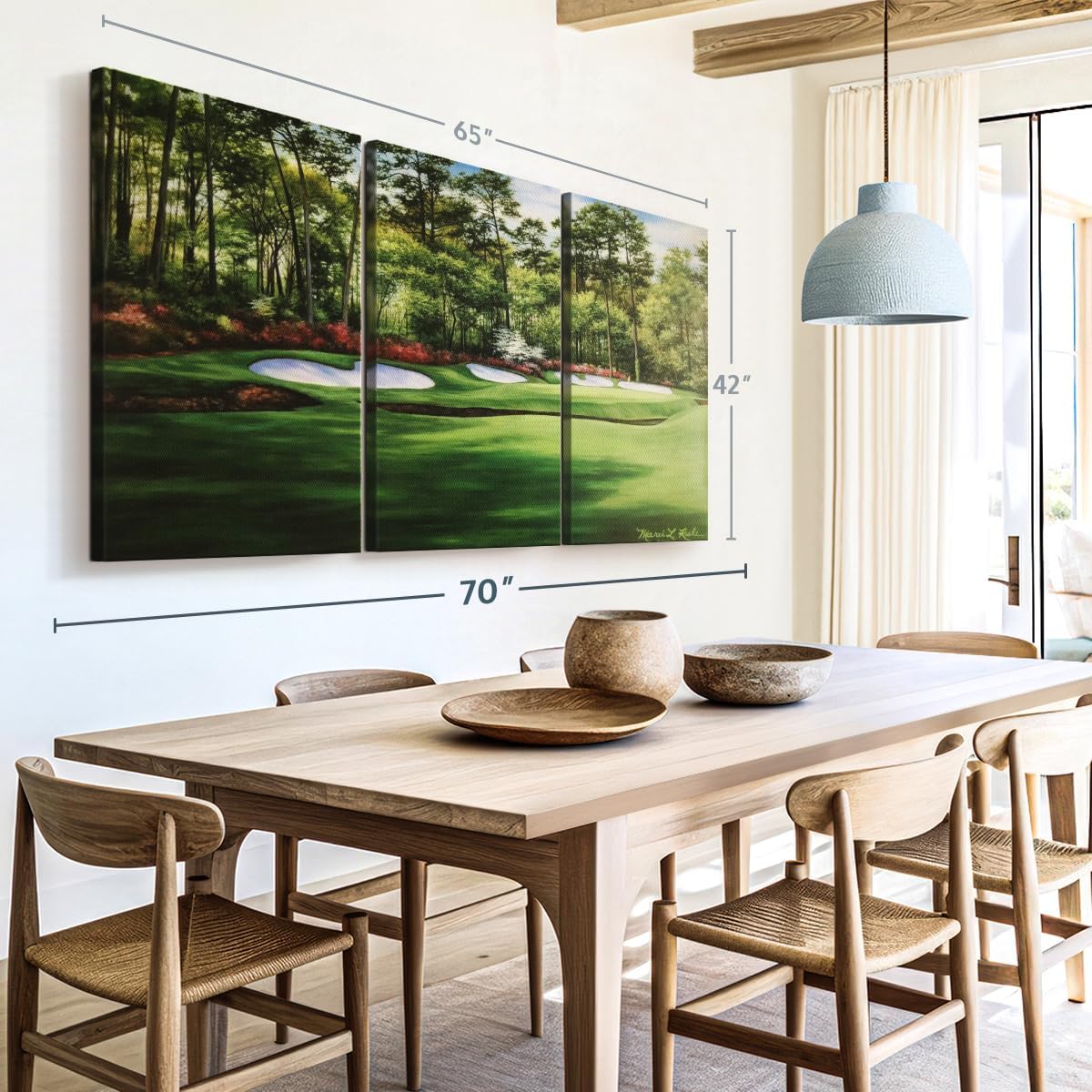 ElephantStock Augusta National 13th Hole I Wall Art - Horizontal Canvas - 3-Piece Living Room Wall Decor - Painting Sports Canvas Print - Green and Red Decor for Wall by Marci Rule - 65" X 42"