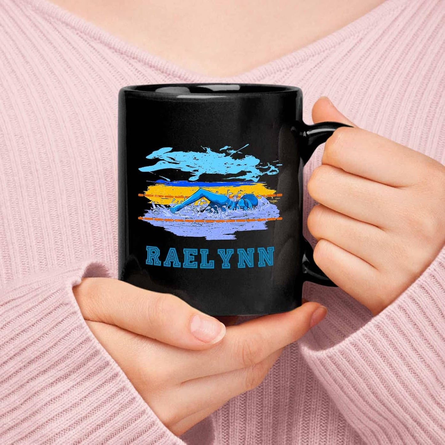 Personalized Black Ceramic Swimming Mug - Customized Travel Coffee Cup With Choose Name, 11 Oz or 15 Oz - Novelty Sports Gifts for Swimmers and Swimming Lovers