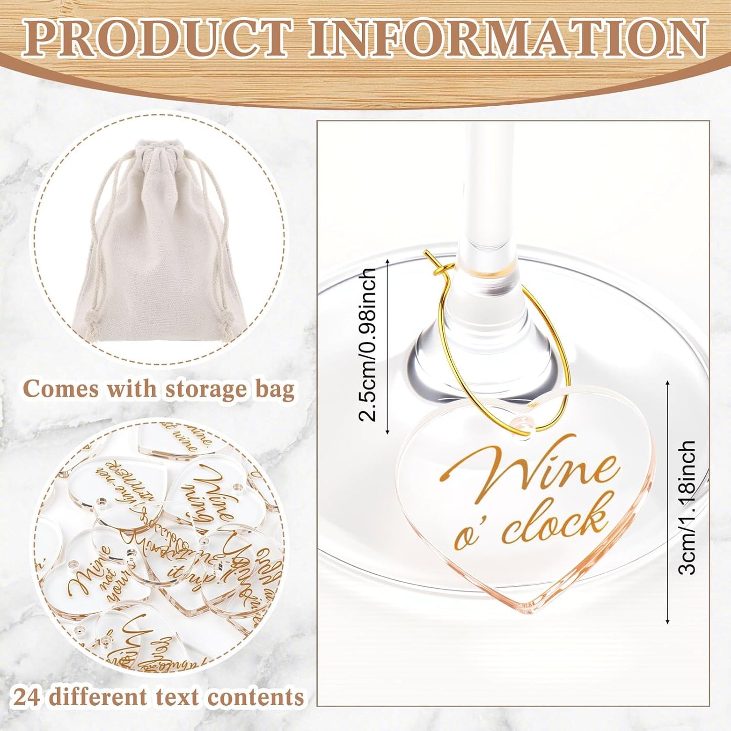 Weysat 24 Pcs Acrylic Thanksgiving Wine Glass Charms with Funny Quotes & Gold Text, Reusable Drink Identifiers Tags with Storage Bag for Birthday Parties Weddings Supplies