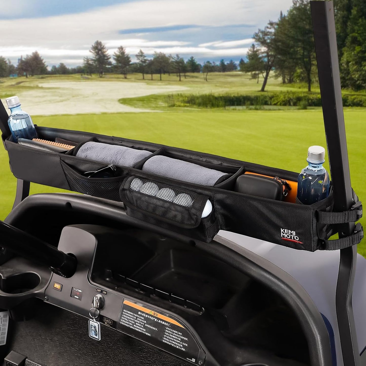 KEMIMOTO Upgraded Golf Cart Front Storage Basket No Drilling Golf Cart Storage Tray Compatible with EZGO Drive Club Car Kandi Electric Golf Carts, 1680D Golf Cart Caddy Organizer, Black