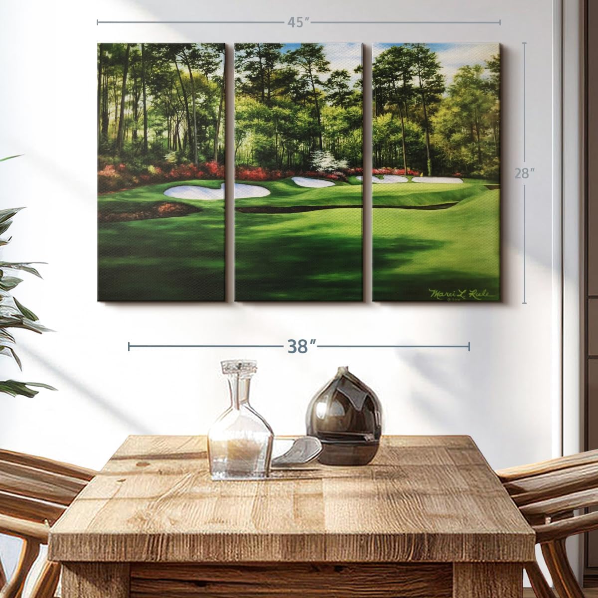 ElephantStock Augusta National 13th Hole I Wall Art - Horizontal Canvas - 3-Piece Living Room Wall Decor - Painting Sports Canvas Print - Green and Red Decor for Wall by Marci Rule - 45" X 28"