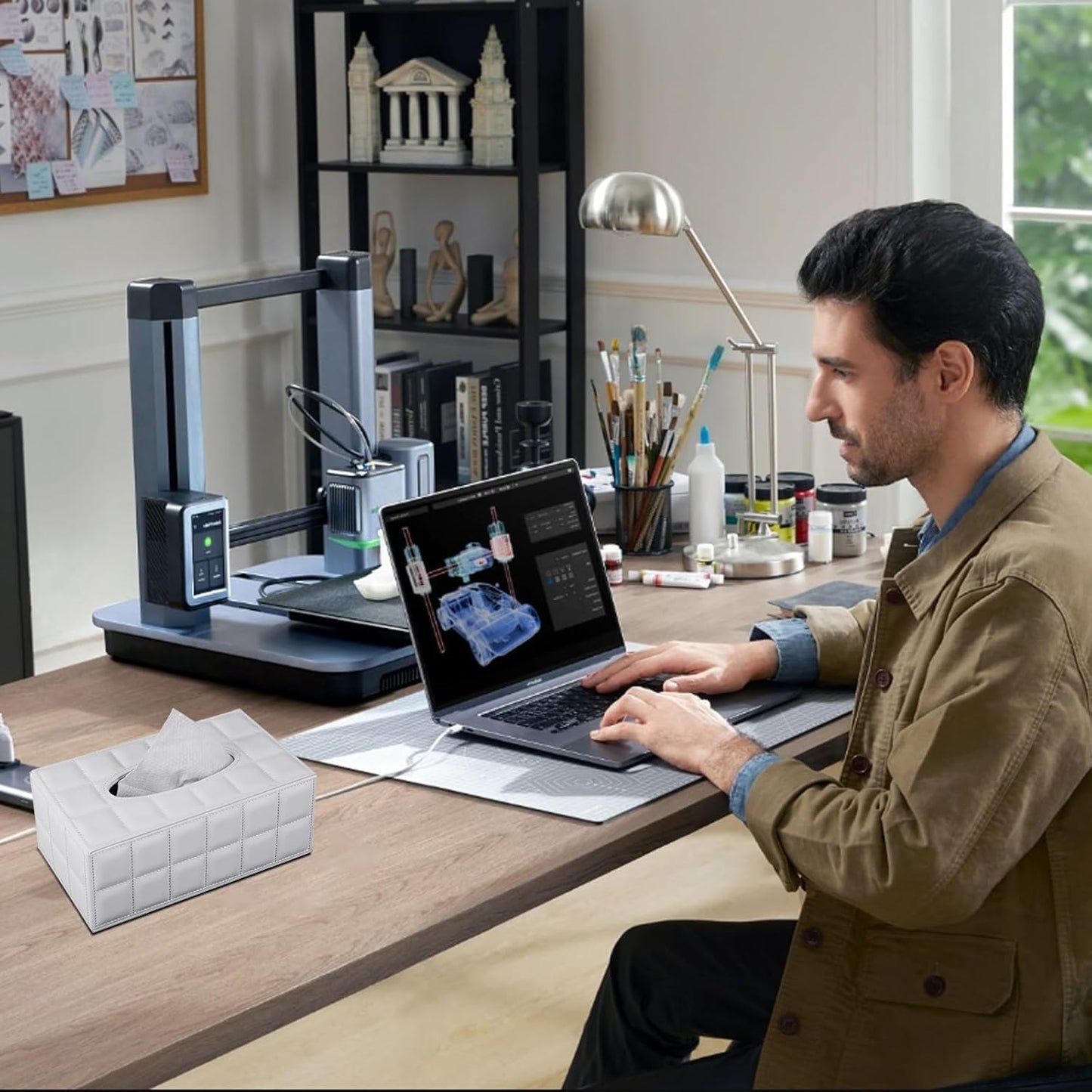 Tissue Box Cover Rectangle Tissue Box Holder PU Leather Facial Organizer with Magnetic Bottom,Decorative Napkin Caddy for Vanity Dresser Night Stand Table Countertop Home Office Car,White