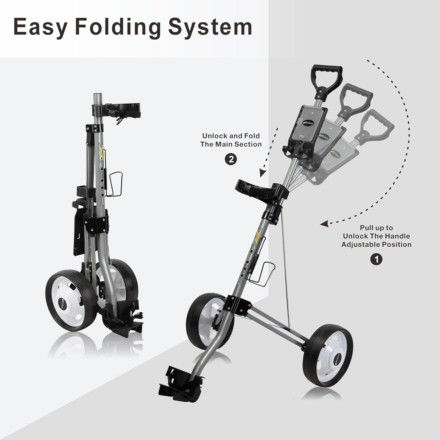 X-Lite Golf Push Cart Two Wheel, Ultra Lightweight & Compact Golf Bag Cart, Foldable for Easy Storage, Ergonomic Handle, Built-in Scorecard & Ball Holder, Smooth Rolling Wheels, Silver