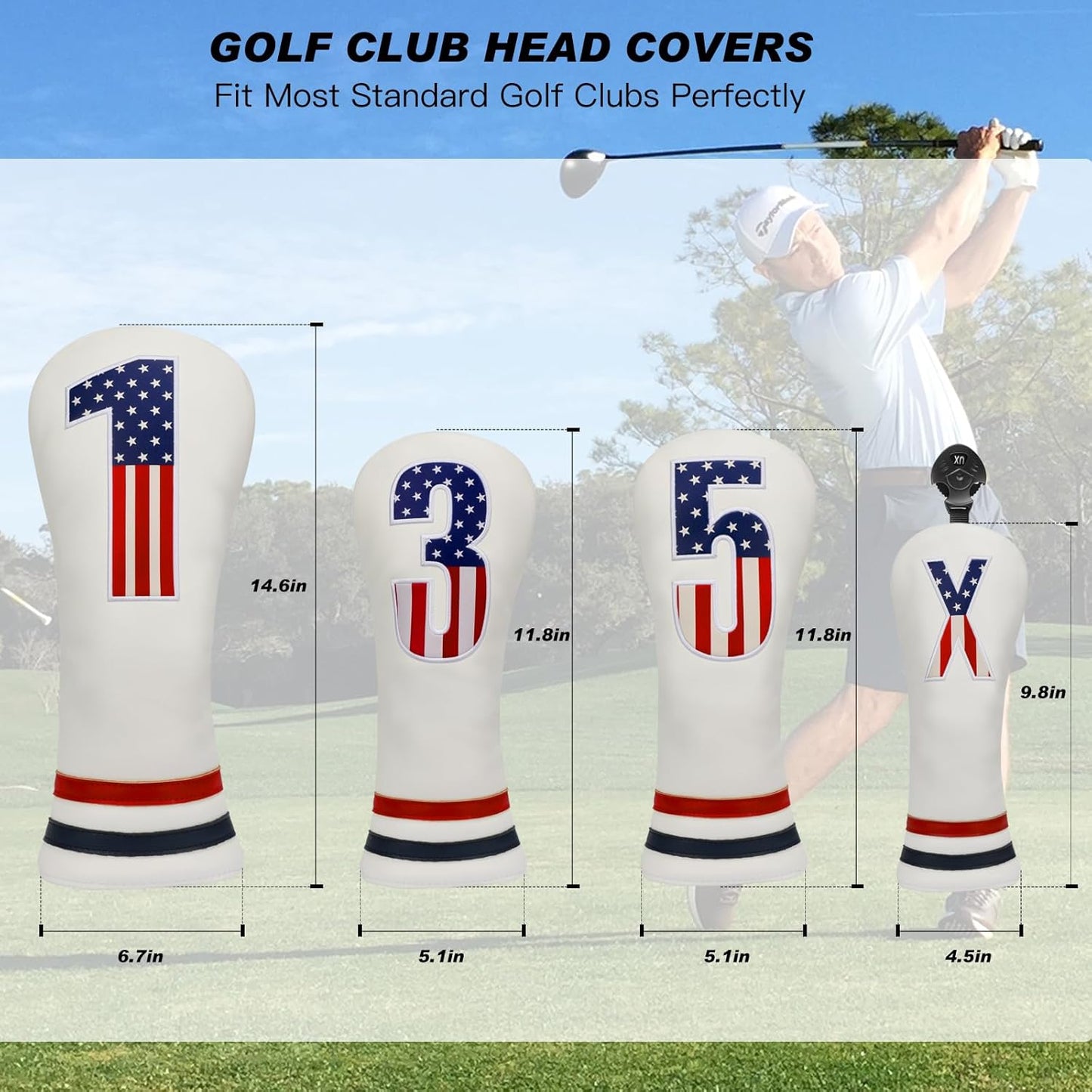 Golf Head Covers, 4pcs or 1pc USA Stars and Stripes Golf Club Covers for Woods and Driver Fairway Hybrid, PU Leather Golf Club Head Covers for Men Women with Interchangeable Tags, Fits Most Golf Clubs