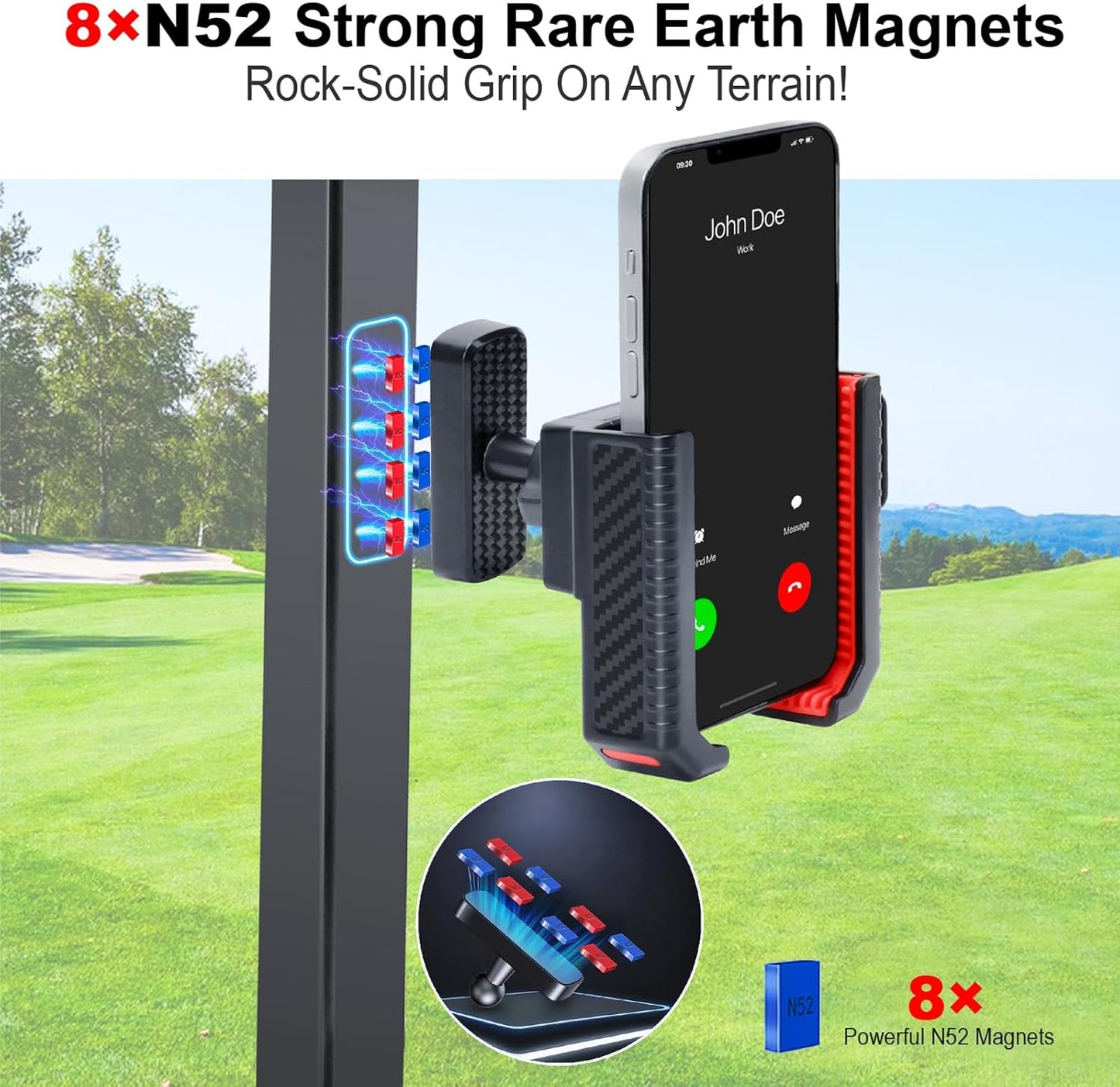 Magnetic Golf Cart Phone Holder, 8 N52 Strong Magnetic Base, Fits EZGO, Club Car, Yamaha, Golf Cart Phone Mount for iPhone, Samsung & Smartphones, Golf Cart Accessories for Men Women, Red