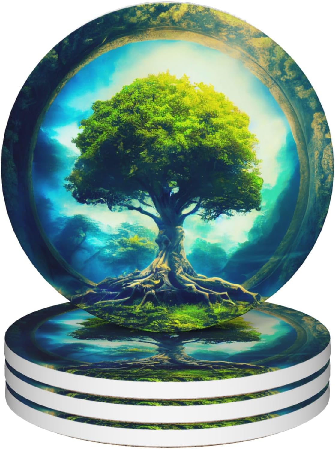 Coasters Set of 4, Magic Green Round 4" Ceramic & Cork Coasters, Absorbent, Ideal for Table Home Decor & Gifts