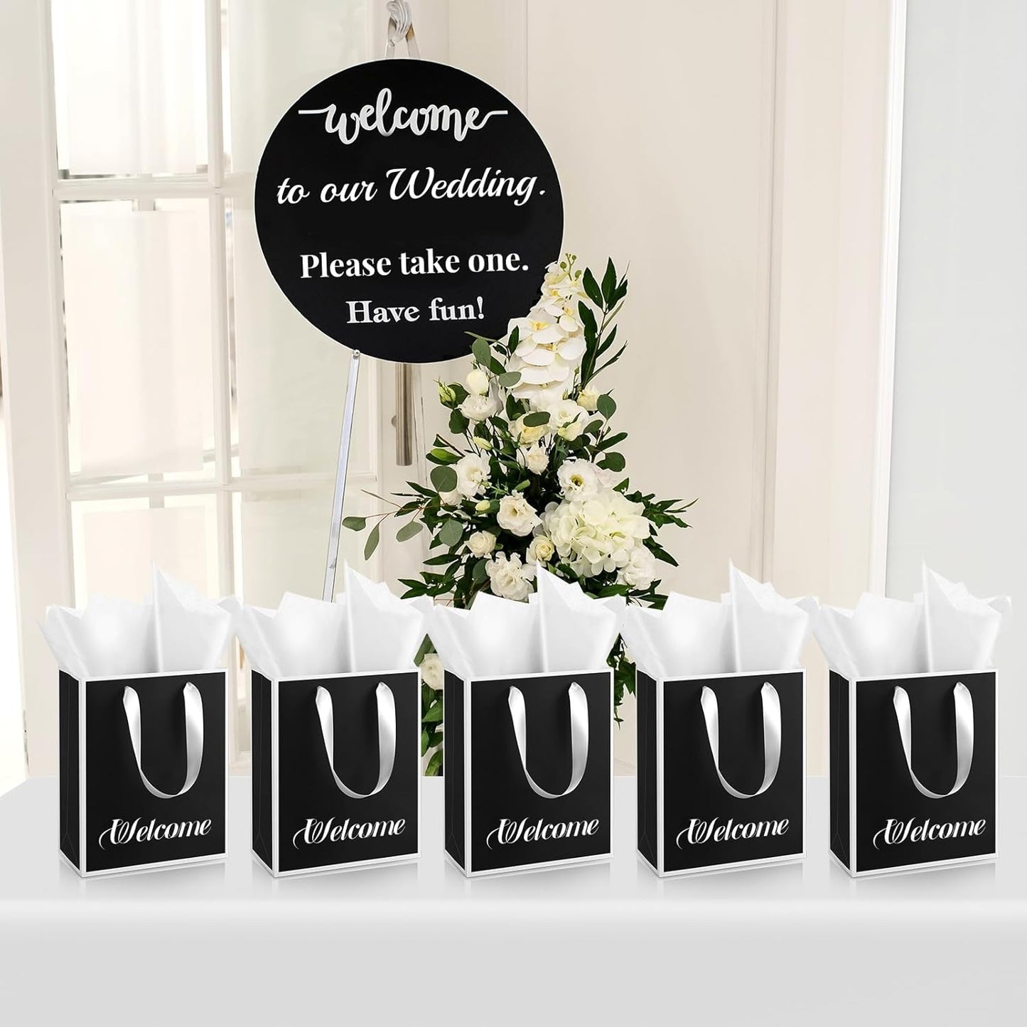 Yeaqee 24 Pack Metallic Paper Gift Bags with Handle and Tissue 9x7x3.1 Gold Foil Welcome Favor Bags Return Gifts for Wedding Fall 5 Senses Christmas Bridesmaid Birthday(Black, White)