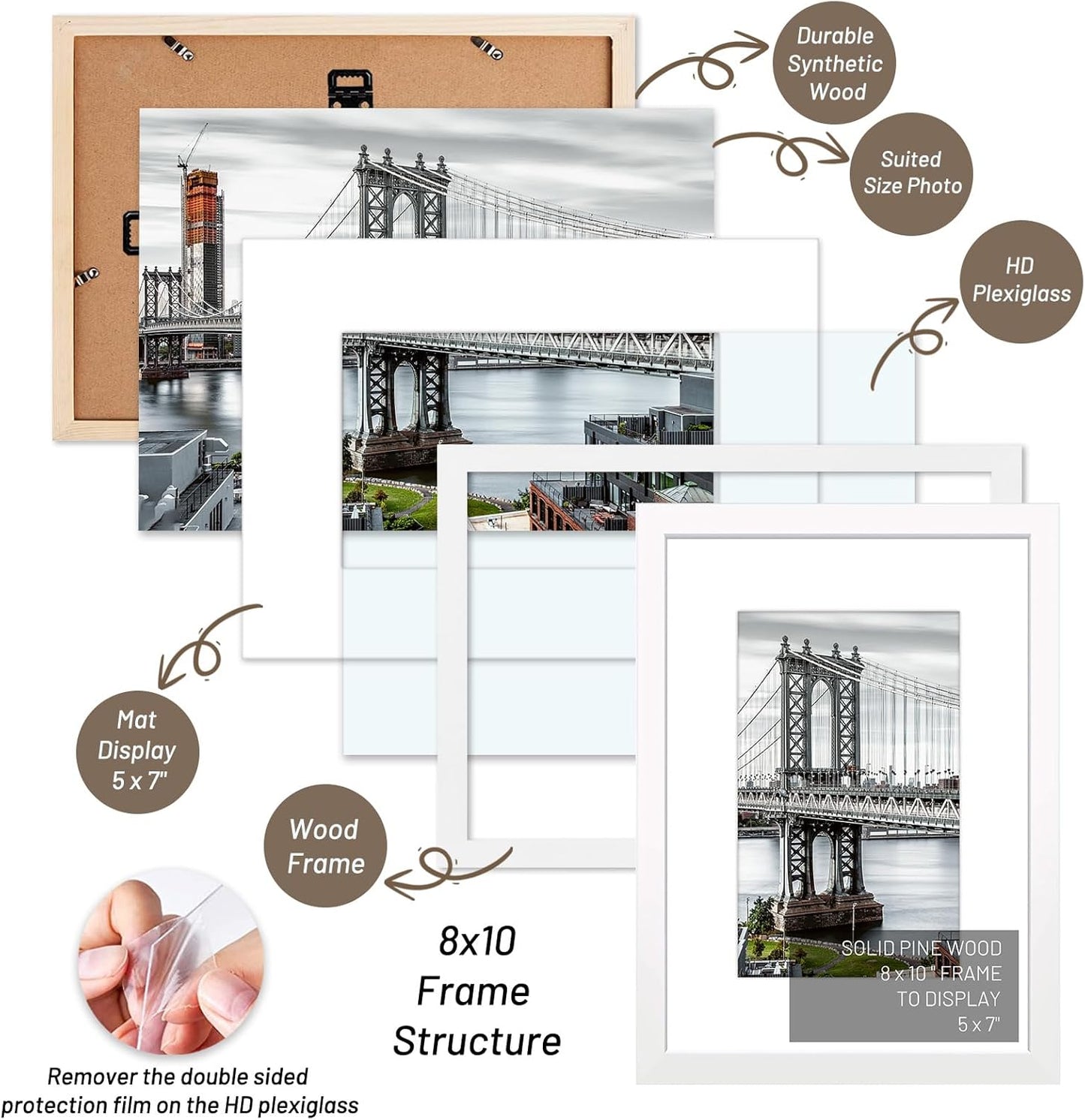 8x10 Solid Wood Picture Frames with Mat or without Mat - 5x7 & 8x10 Sizes - Wall Mount or Table Top (White)