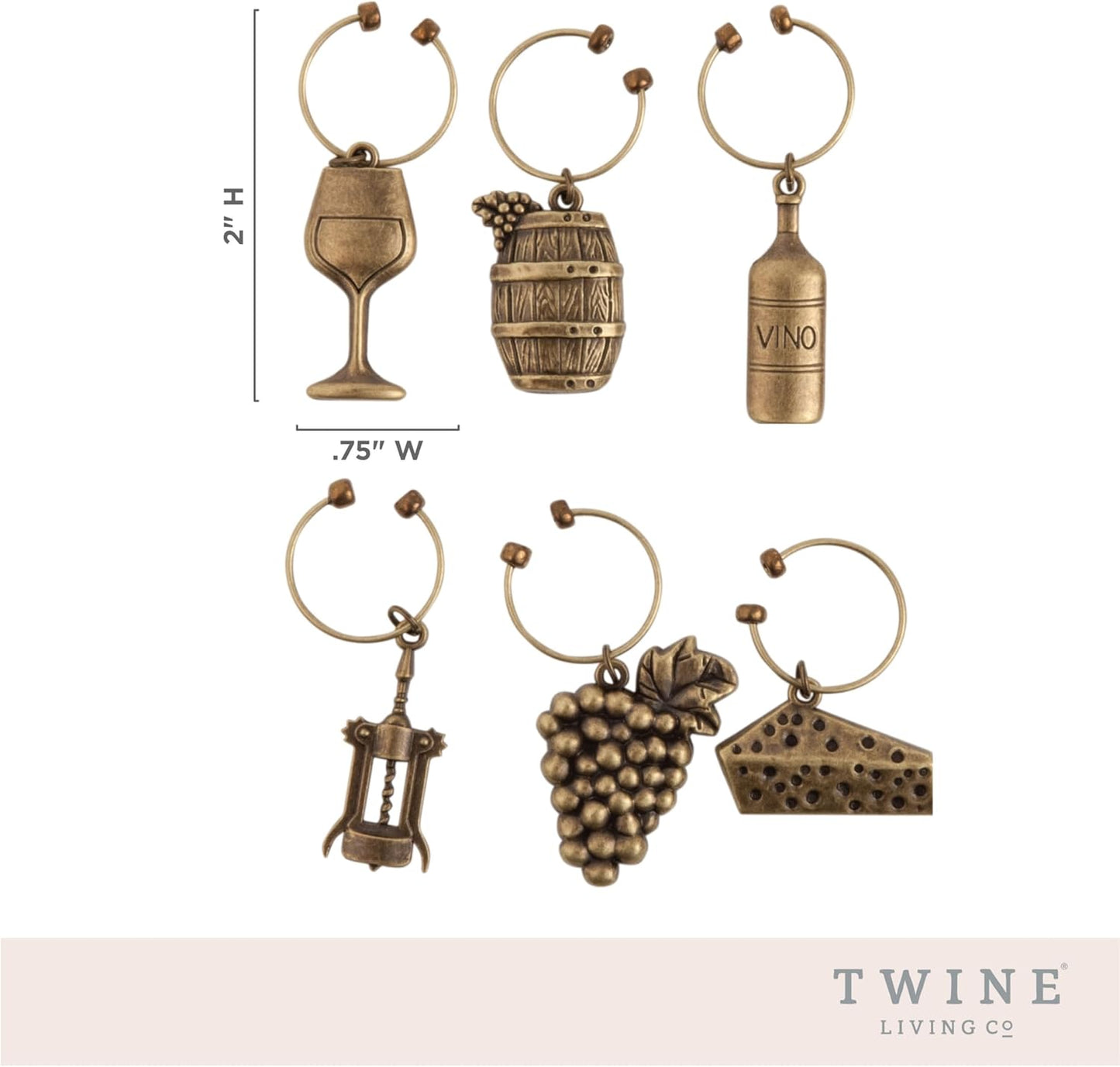 Twine Antiqued farmhouse decor wine charms and drink markers for wine glasses, 6 count
