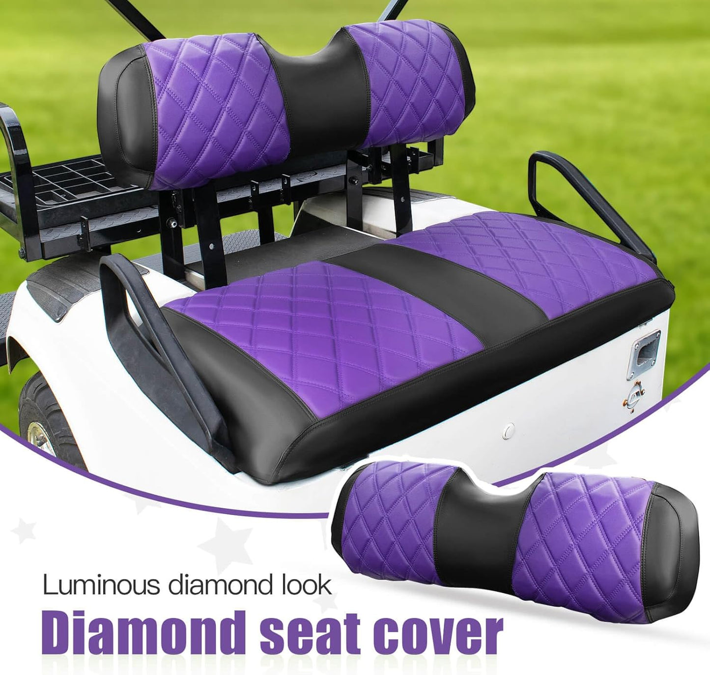 NOKINS Golf Cart Diamond Seat Covers Kit, Fit for EZGO TXT 1994-2013/EZGO RXV OEM Standard Front Seat Cushion, Golf Cart Vinyl Seat Cover, No Nails Required (Purple and Black)