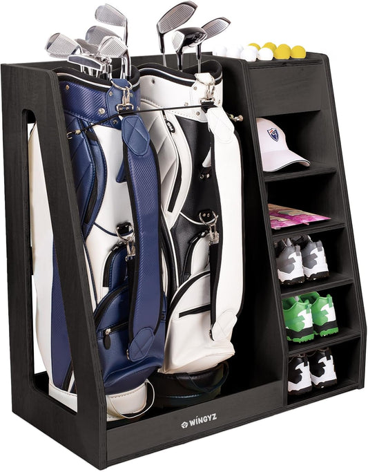 wingyz Wooden Golf Storage Organizer for Garage Fits 2 Bags for Any Level Golfer Great Gift, Golf Bag Rack Club Holder with 12-Ball Display Rack and 5 Shelves for Equipment Accessories