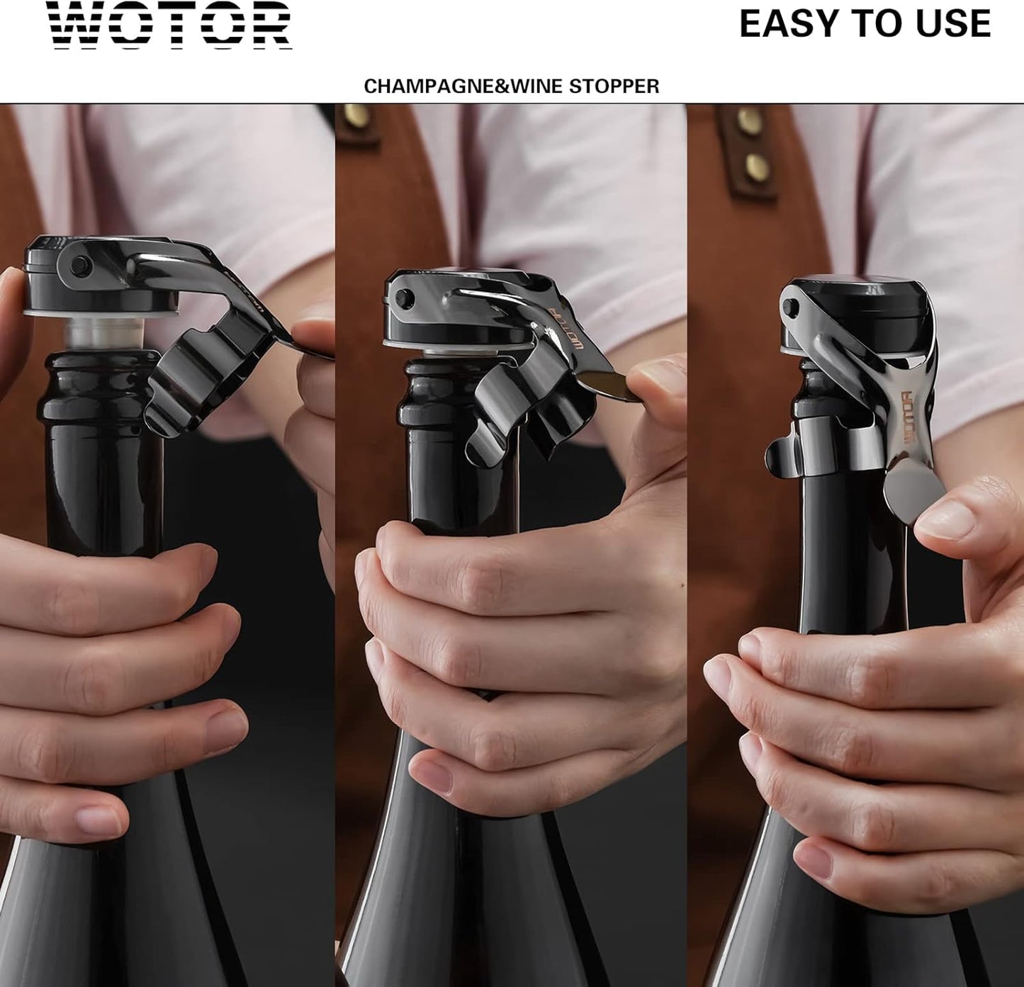 WOTOR Champagne&Wine Bottle Stoppers Stainless Steel with Food Grade Silicone, Leak Proof Keep Fresh Reusable Saver, Cork Suitable for Wine, Champagne, Cava, Prosecco and Sparkling (8 Pack Black）