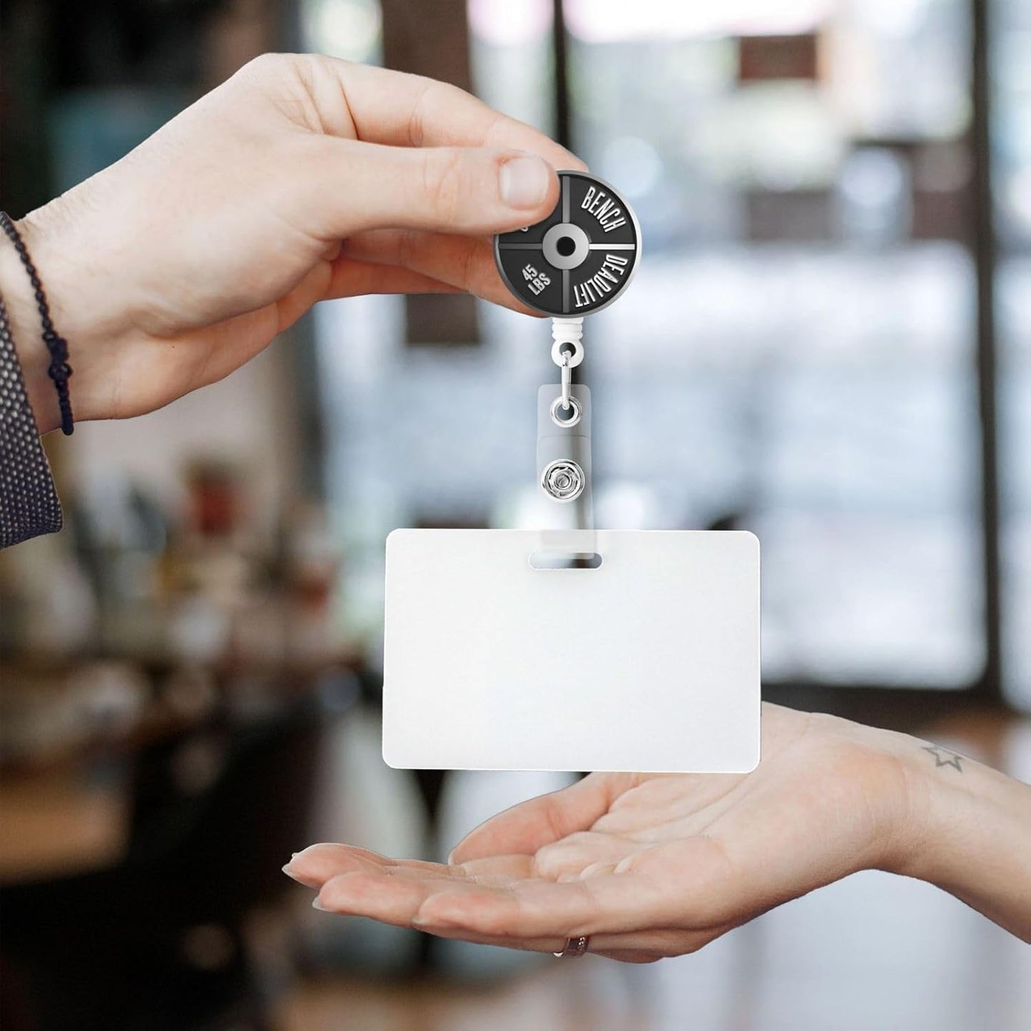 Barbell Plate Weight Badge Reels Retractable Badge Holder with Clip for Id Name Tag Office Worker Student Teacher Nurse Doctor