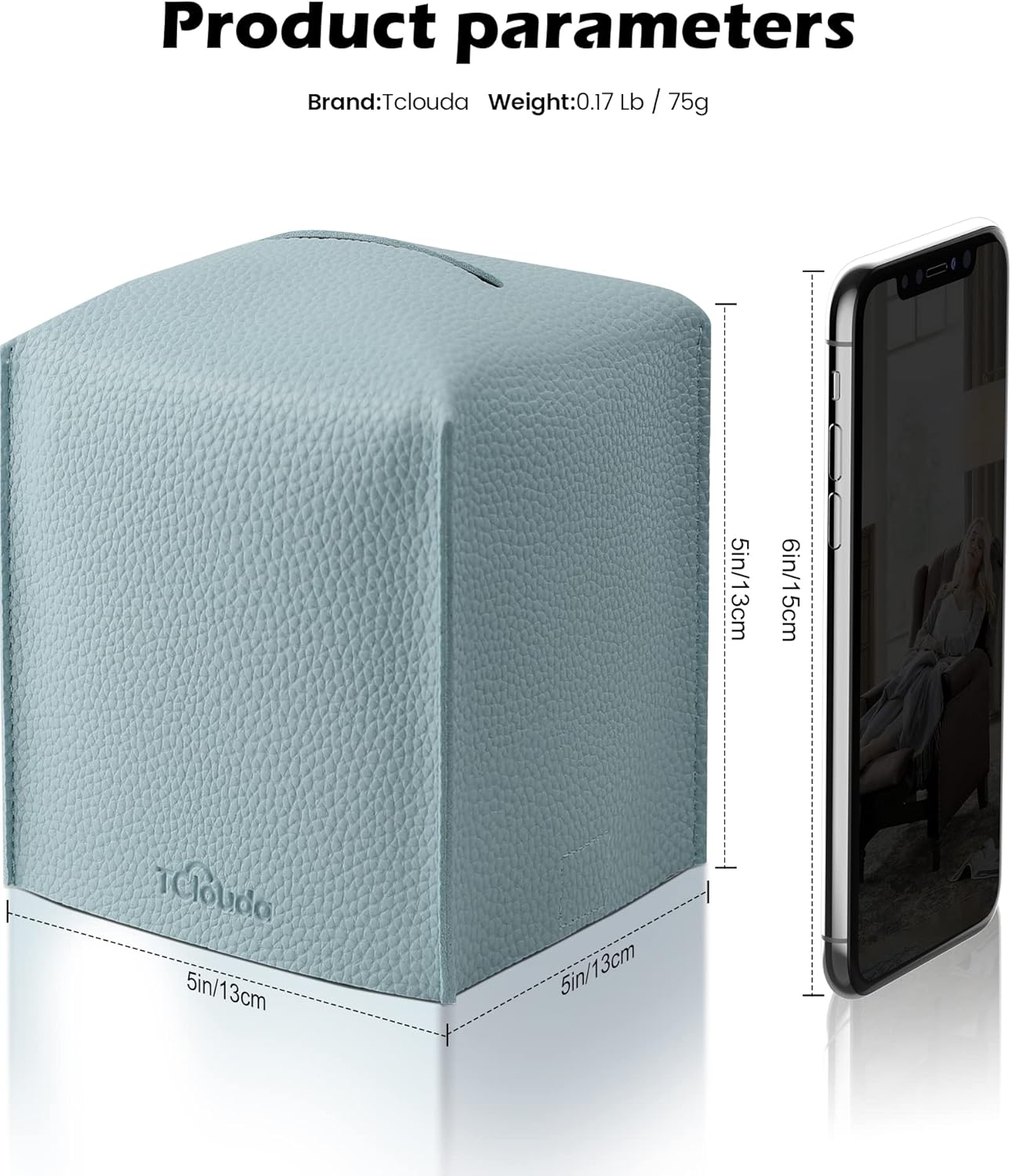 Tissue Box Cover for PU Leather, Modern Simple Solid Color Holder Square Tissue Bag, Ideal for Bathrooms,Office,Car,Nightstand,Outdoor Tent,Dining Table,5"X5"X5", Single Blue