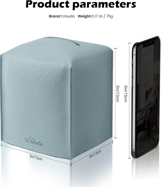 Tissue Box Cover for PU Leather, Modern Simple Solid Color Holder Square Tissue Bag, Ideal for Bathrooms,Office,Car,Nightstand,Outdoor Tent,Dining Table,5"X5"X5", Single Blue