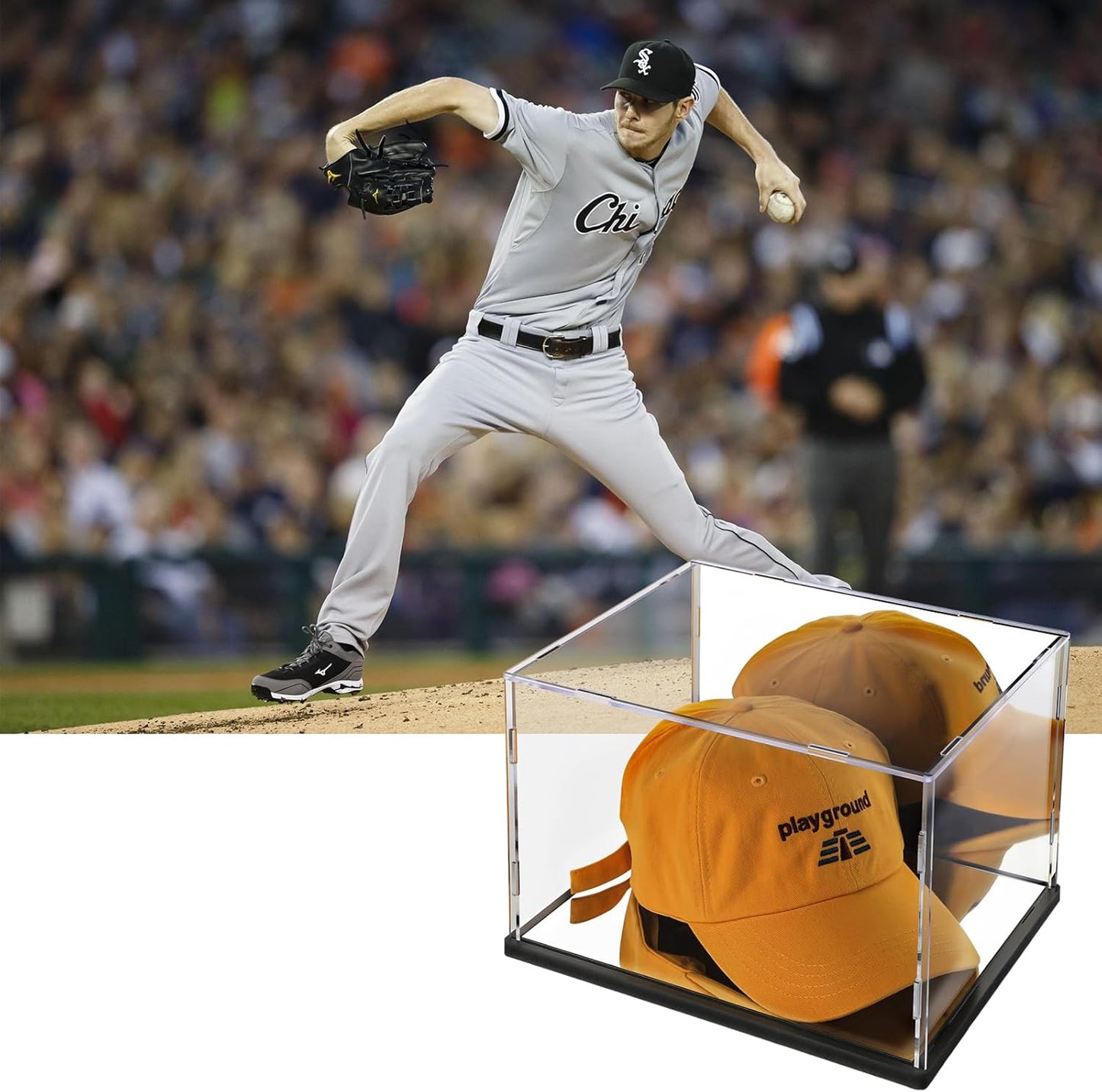 Hat Display Case Mirror Background and Base,Clear Acrylic Baseball Cap Display Box Stand,UV Protection Signed Hat Transparent Showcase Football,Snapback Caps,Ideal Gift for Caps Collector