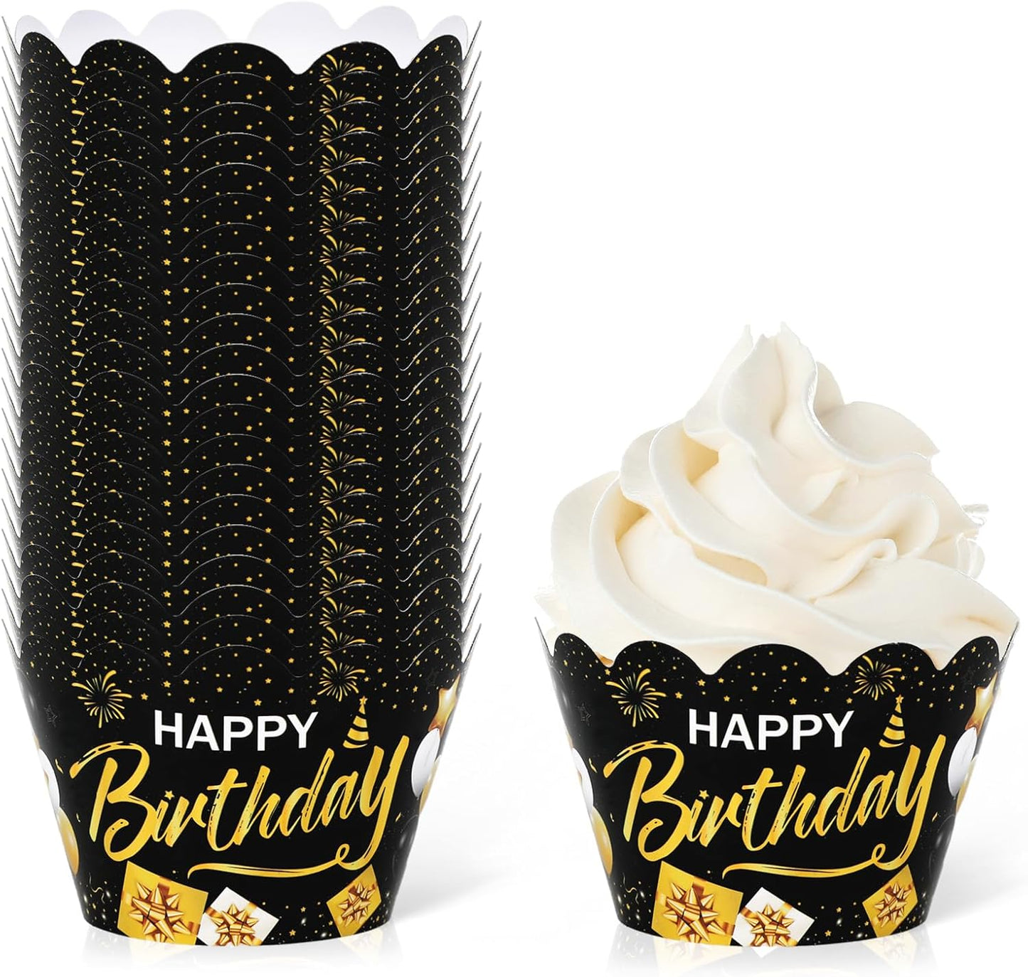 Whaline 36Pcs Happy Birthday Cupcake Wrappers Black Gold Birthday Cupcake Liners Decorative Cupcake Holders for Baby Shower Birthdays Party Cake Decoration